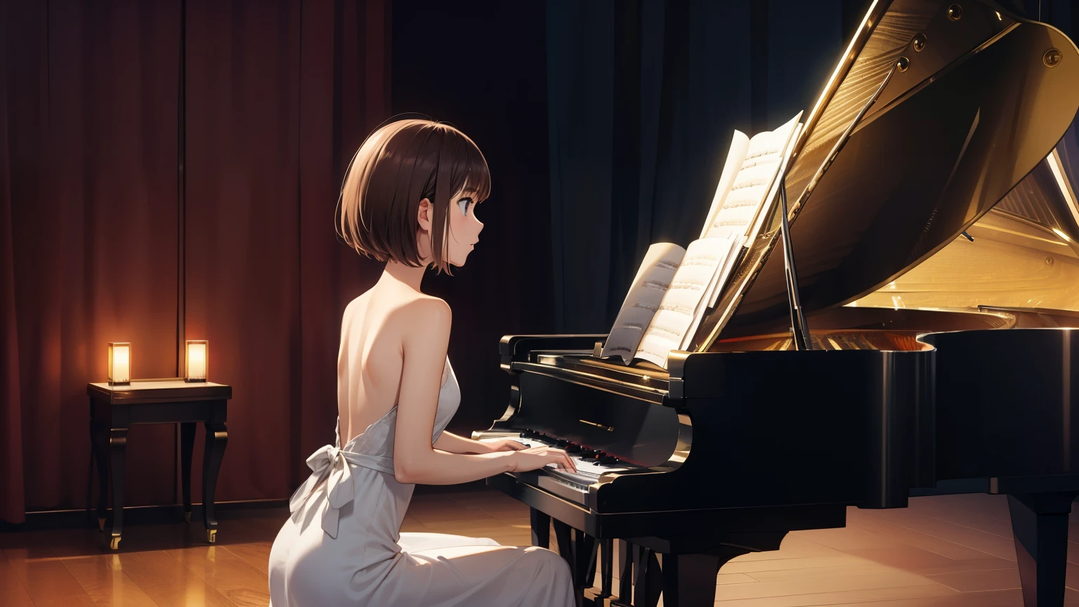 (masterpiece, best quality, high-resolution, ultra-detailed, best quality), detailed body, detailed face,
BREAK
1 woman, narrow waist, brown short hair, black eyes
BREAK
jazz pianist, Maxi dress, grand piano, (piano performance:1.laying piano:1.3), dark blue lighting, dark stage, looking away