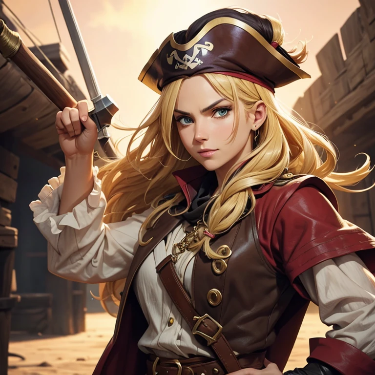 Produce an illustration of a daring buccaneering pirate of approximately 35 years old in anime style. She sports flowing blonde hair, wears an imposing pirate hat and holds typical pirate weapons in both hands. Destaque a personalidade destemida da personagem, incorporando elementos do universo RPG para criar uma cena envolvente
