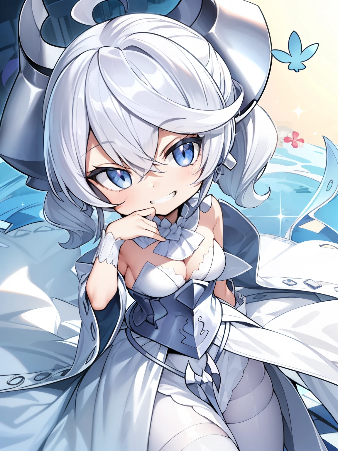 (muste piece, best quality, High resolution, ticker, perfect pixel, Depth of bounds written, In 4K), 
beautiful anime girl, 
Looking at Viewer, 
perfect body,  

white hair, 
white dress, 
grin, 

(1chibi:1.2), 