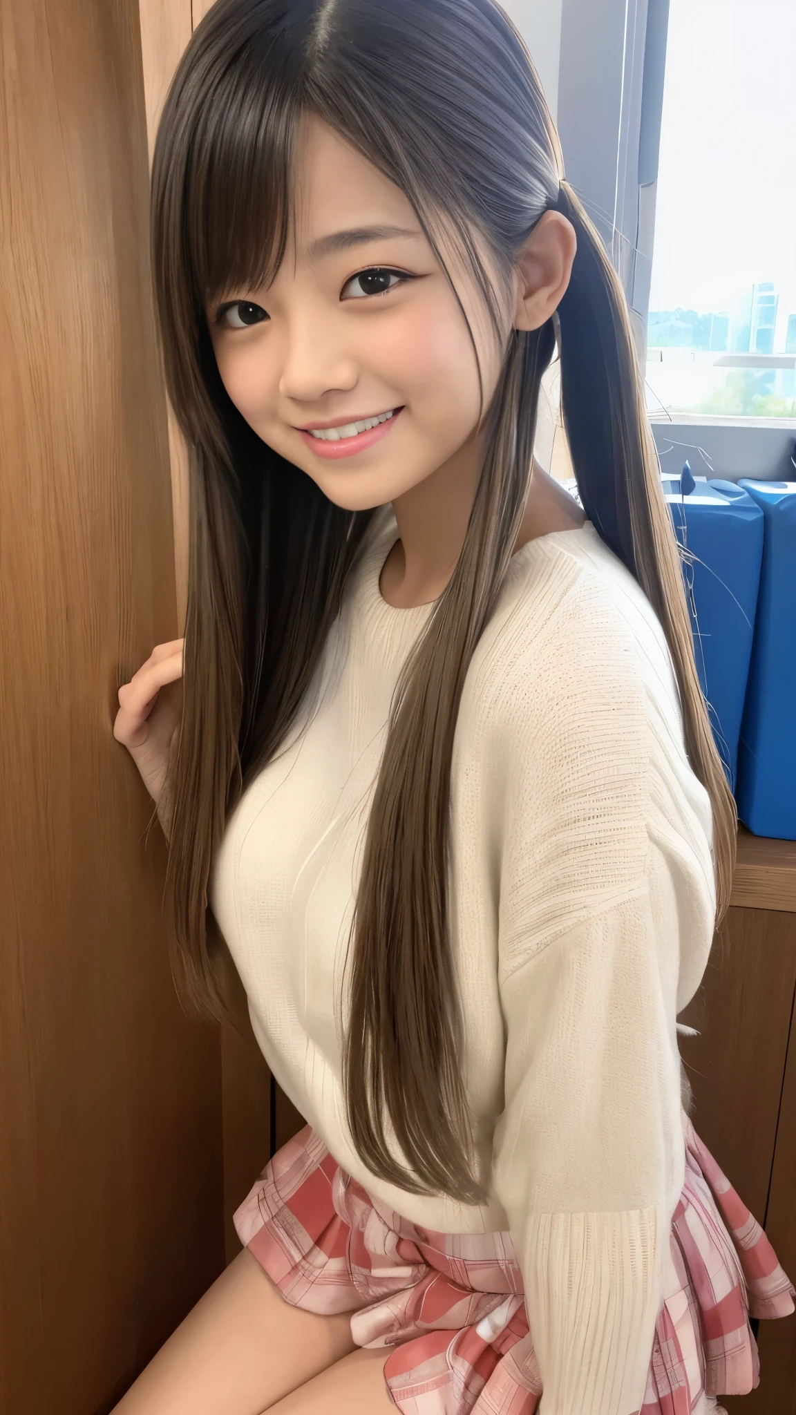 NSFW、throw、photorealistic perfect body、super high quality、Ultra-high realistic image quality、Japanese、15 years old、Gal junior high school student、big breasts、twin tails、smiling、sexy pose、