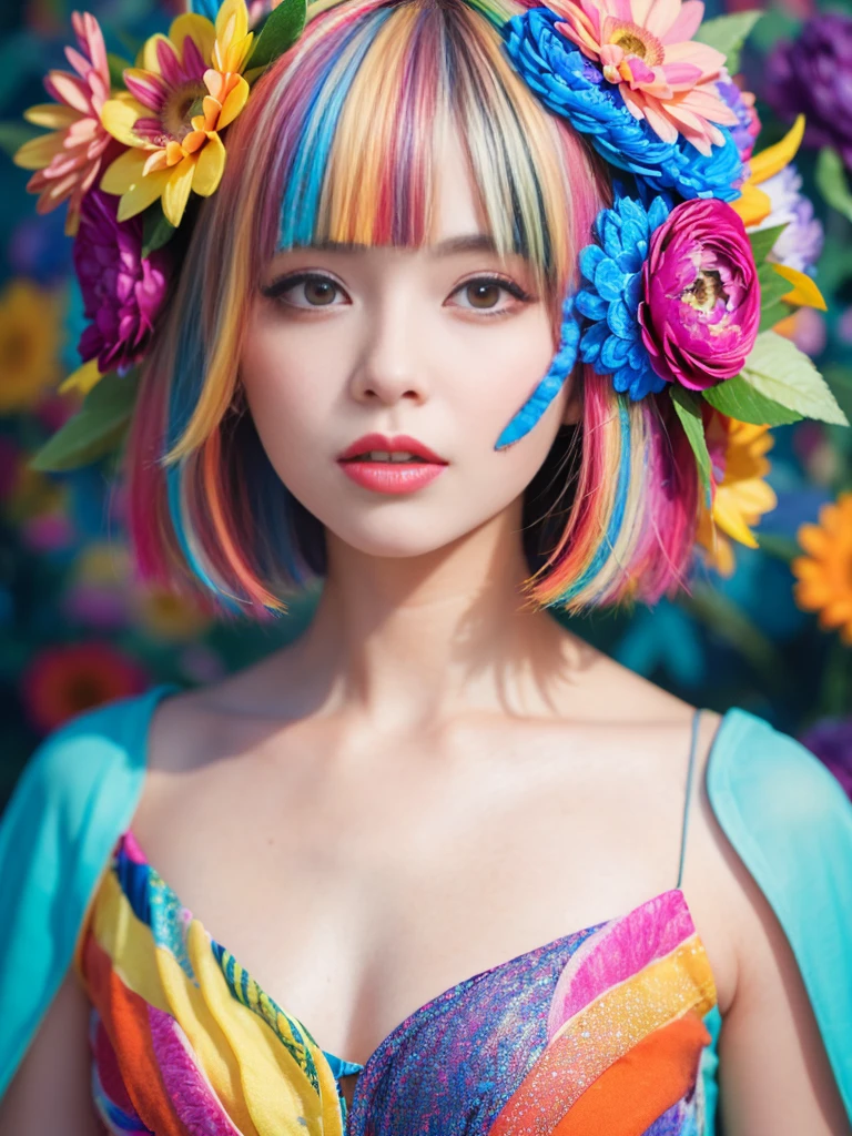 (8K, RAW photo:1.2),1 girl,(short hair:1.31),(8K, RAW photo:1.2),1 girl,((masterpiece, Highest_quality)), 1 girl, (realism:1.4), colorful flower theme:1.3), random colorful hair style, (random colorful flower eccentric clothed), (colorful flower art work to background:1.6)