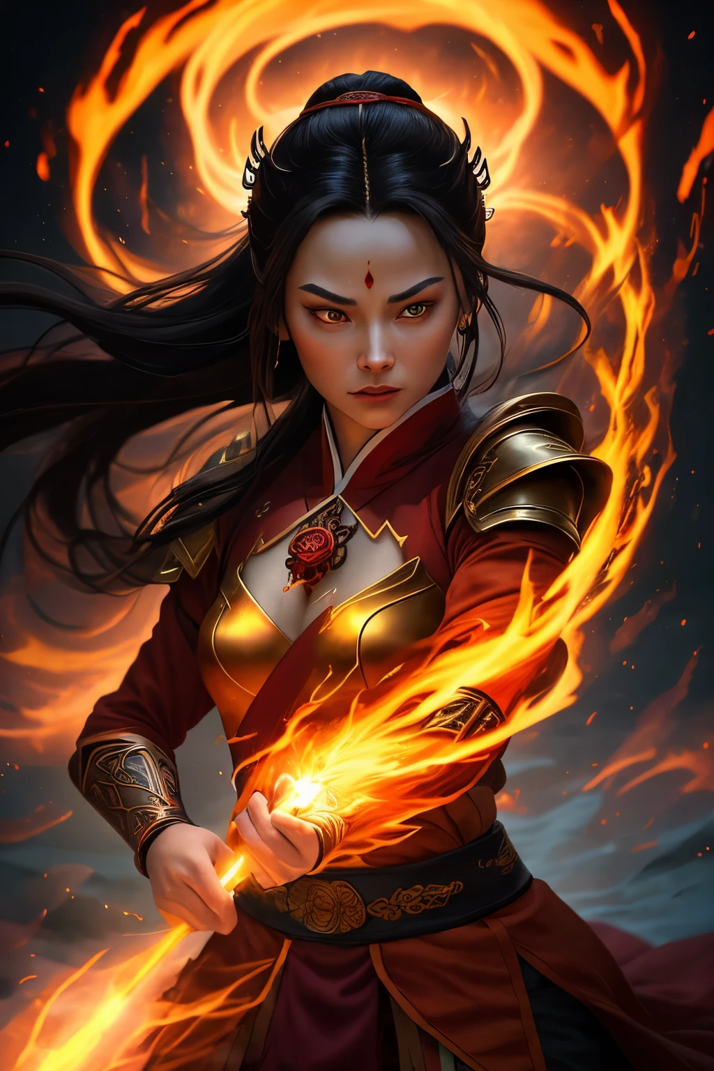 A breathtakingly realistic image of Princess Azula from the Legend of Aang Avatar, in the midst of an intense battle scene, engulfed in swirling flames that dance around her silhouette. The fiery red armor adorning her body is brilliantly illuminated by the ethereal moonlight, casting an eerie yet mesmerizing glow on her polished features. The intricate details of her armor shimmer under the luminescent glow, making every line and texture pop with precision. Her intense, fiery eyes are sharp and focused, reflecting the intensity of the battle that rages around her. Her long, silky black hair flows wildly behind her, catching the reddish h