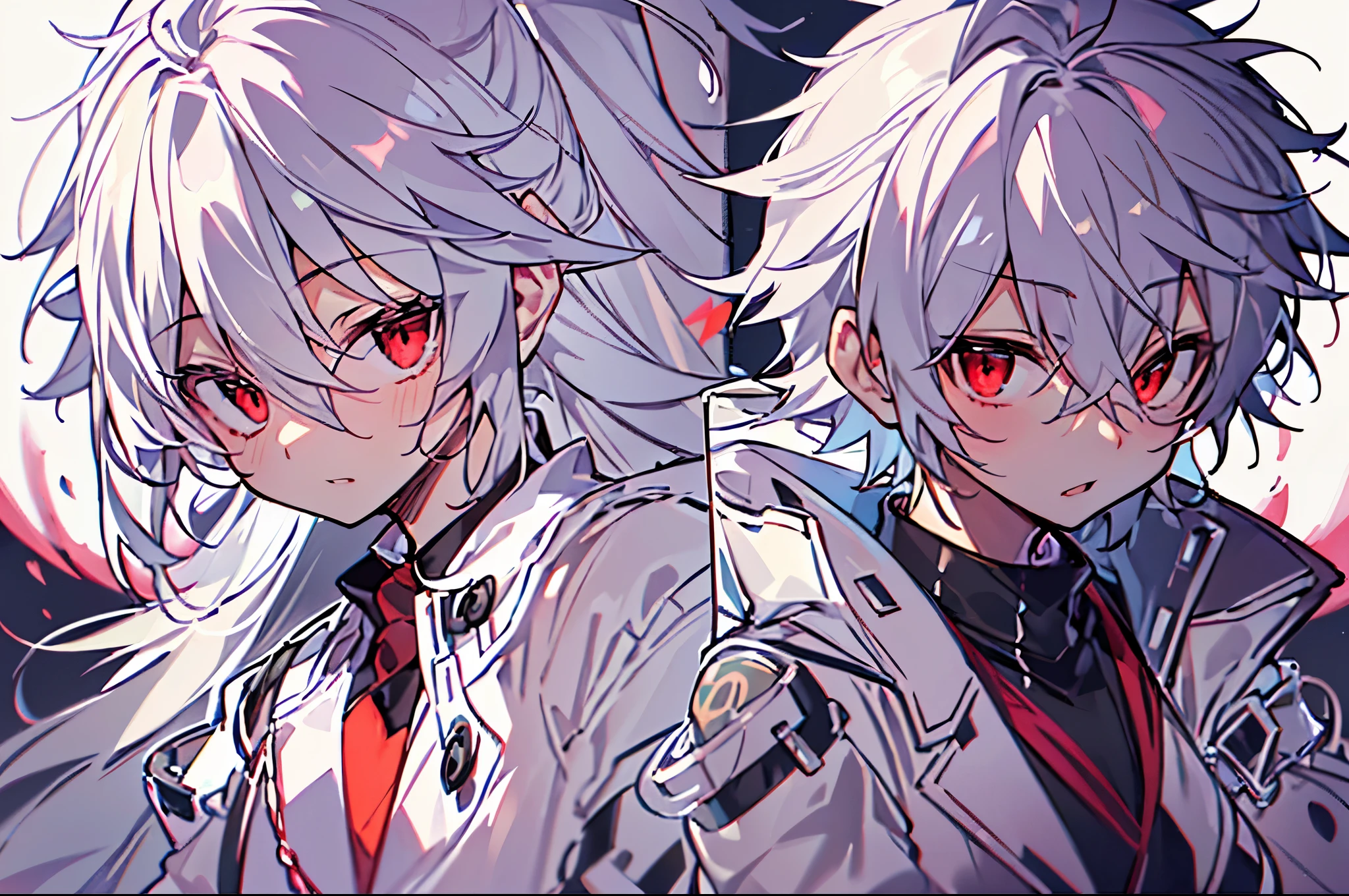 ((真っ白な背景))、hight resolution,Anime boy with white hair and red eyes staring at camera, red eyes,slim, 微笑み、Shadow Body,,monochromes,hair messy,（笑顔）,Diagonal angle