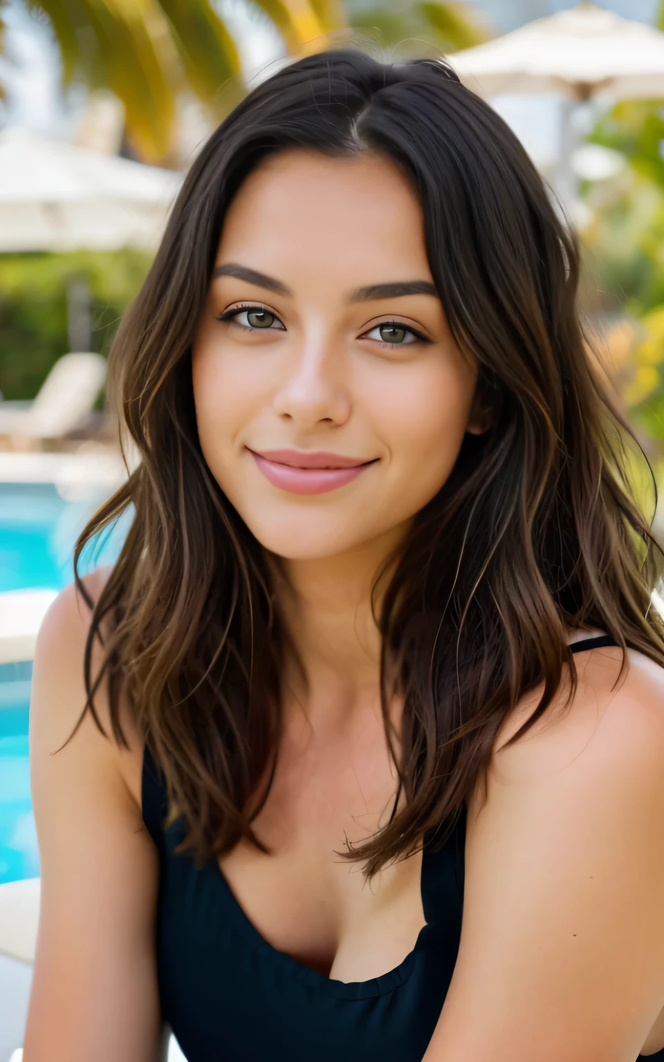 Beautiful brunette in a black swimsuit sits near the pool (nail care in a modern beauty salon), very detailede, 21 years old, innocent face, natural wavy hair, Blue eyes, a high resolution, cook, better quality, complex parts, very detailed, Sharp Focus, Detailed skin, texture de peau réaliste, texture, Detailed eyes, professional, 4K, Charming smile, filmed on canon, 85 mm, Shallow depth of field,  Kodak Vision color, perfectly fitted body, extremely detailed, Photor_\(ultra\), Photorealistic, Realistic, Treatment after, Maximum detail, roughness, real life, ultra realistic, Photorealism, Photo, contract for 8 thousand., Photo, work, bureau