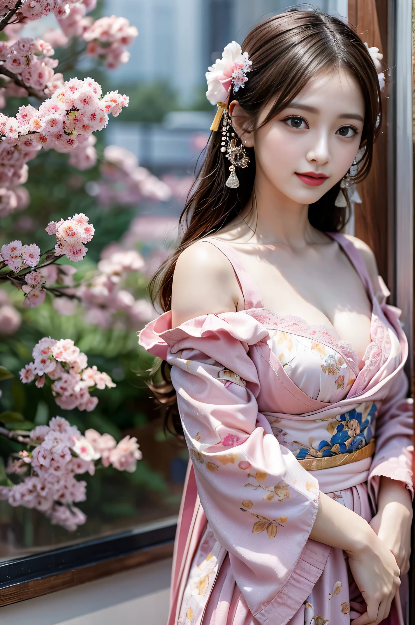 on the bed, best quality, super detailed,ultra high resolution, 8k wallpaper, perfect composition, beautiful eyes, Natural lip color,dignified and,Smile、looking at camera、A 20-year-old girl、is a perfect face,Looks a lot like actor Gao Yuanyuan,Chinese classical temperament,exquisite antique earrings,electronic breast,split,Wearing pink Hanfu,(Extremely delicate1.1), (perfect details: 1.1),masterpiece,Wear peach blossom jewelry,Fragrant shoulders,clavicle