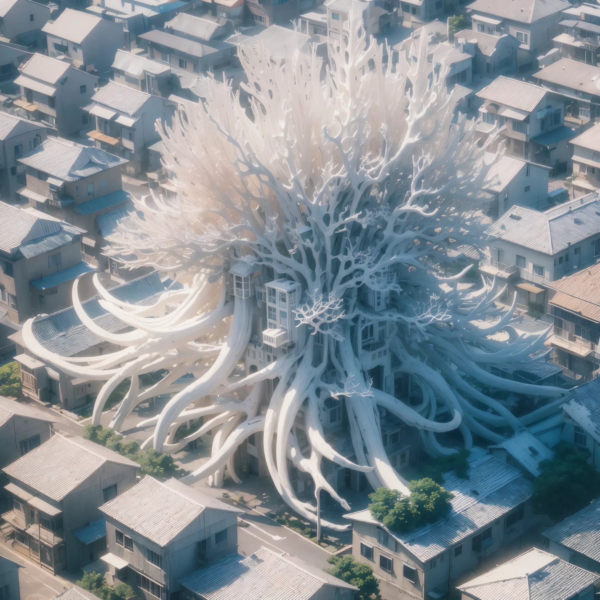 (Masterpiece, top quality), super detailed, anime style, A view of a object made of bleached coral appearing in a residential area, 8K high resolution, trendy art station, full body, with no humans,