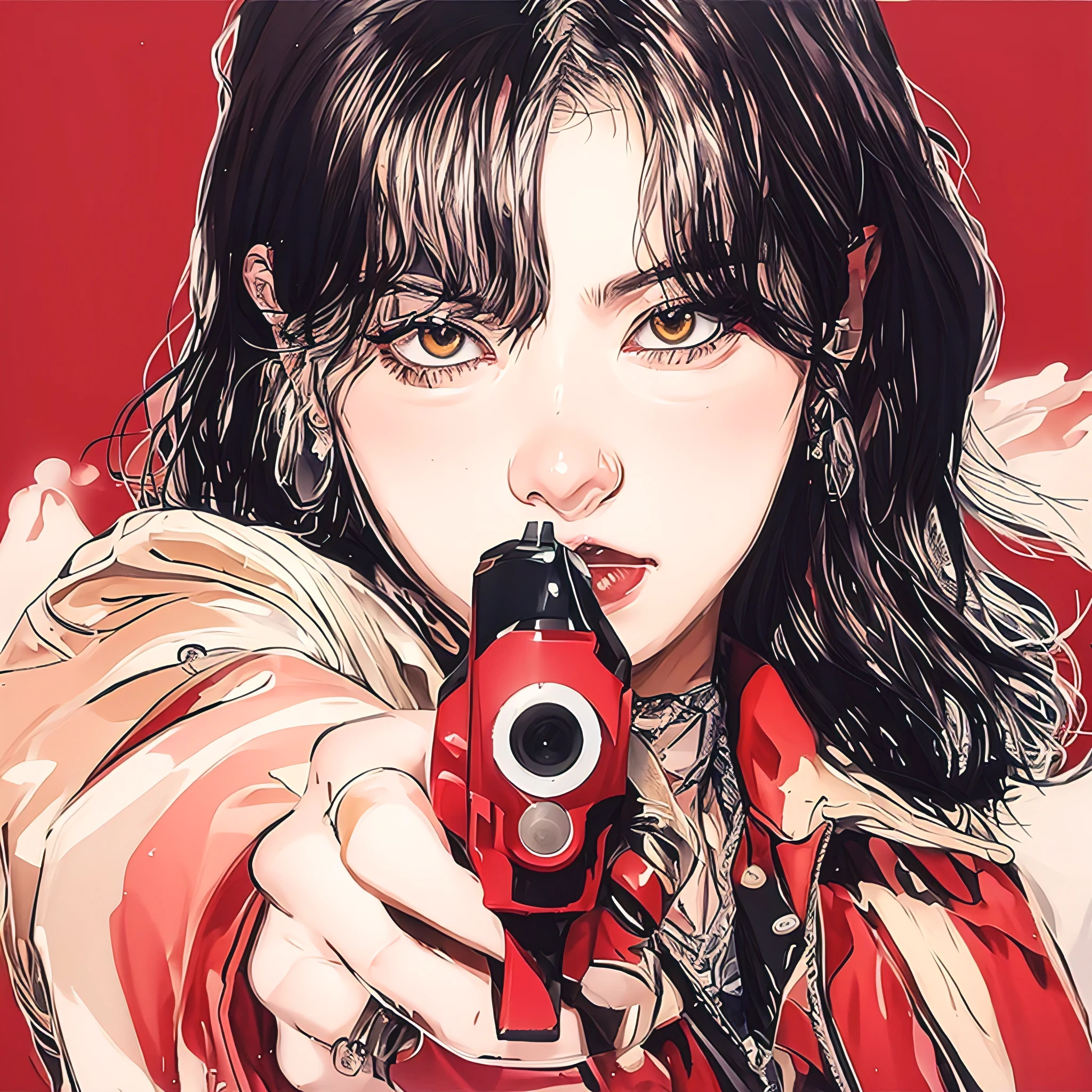 k-pop, pointing a gun at you, annoyed, pop art 