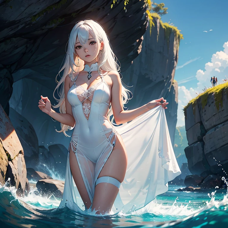 quality,masterpiece,illustration,very fine and beautiful work,highly detailed artwork,CG,Solidarity,8k,stunning artwork,fine detail,best work,best quality,official artwork,highly detailed CGunity8k wallpapers, 1 girl, 独奏,_White hair, liquid hair, Long hair, standing, transparent clothes, pink wedding dress, Mare, Eau, standing, Self-raised, There is a curve on the chest, round big chest, calf shot, blue sky, wave