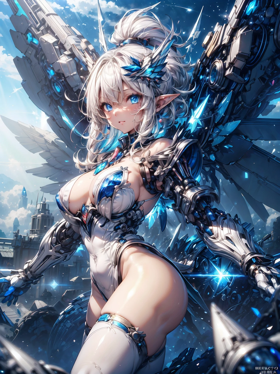 (masterpiece、 highest quality, wonderful, very detailedティッカーユニティ、8k wallpaper, Depth of bounds written, Ultra-fine illustration:1.5)、。.。.。.。.3D, very detailed, (Full body Esbian、Mecha elf girl:1.3), sci-fi battlefield, Hawken, smile, open your mouth、short ponytail hair, (white blonde hair, deep blue eyes:1.2), sparkling eyes, cute顔, cute, big breasts, delicate hair, messy hair、blue sky, White cloud), shiny hair, shiny skin, (Symmetrical mechanical winetallic colored mechanical wings that are widely expanded to the left and right so that they protrude wonderfully from the screen, headgear, white hair ornament), (particles of light, cinematic lighting: 1.3), (light pink lips: 0.8), by Yusuke Murata.