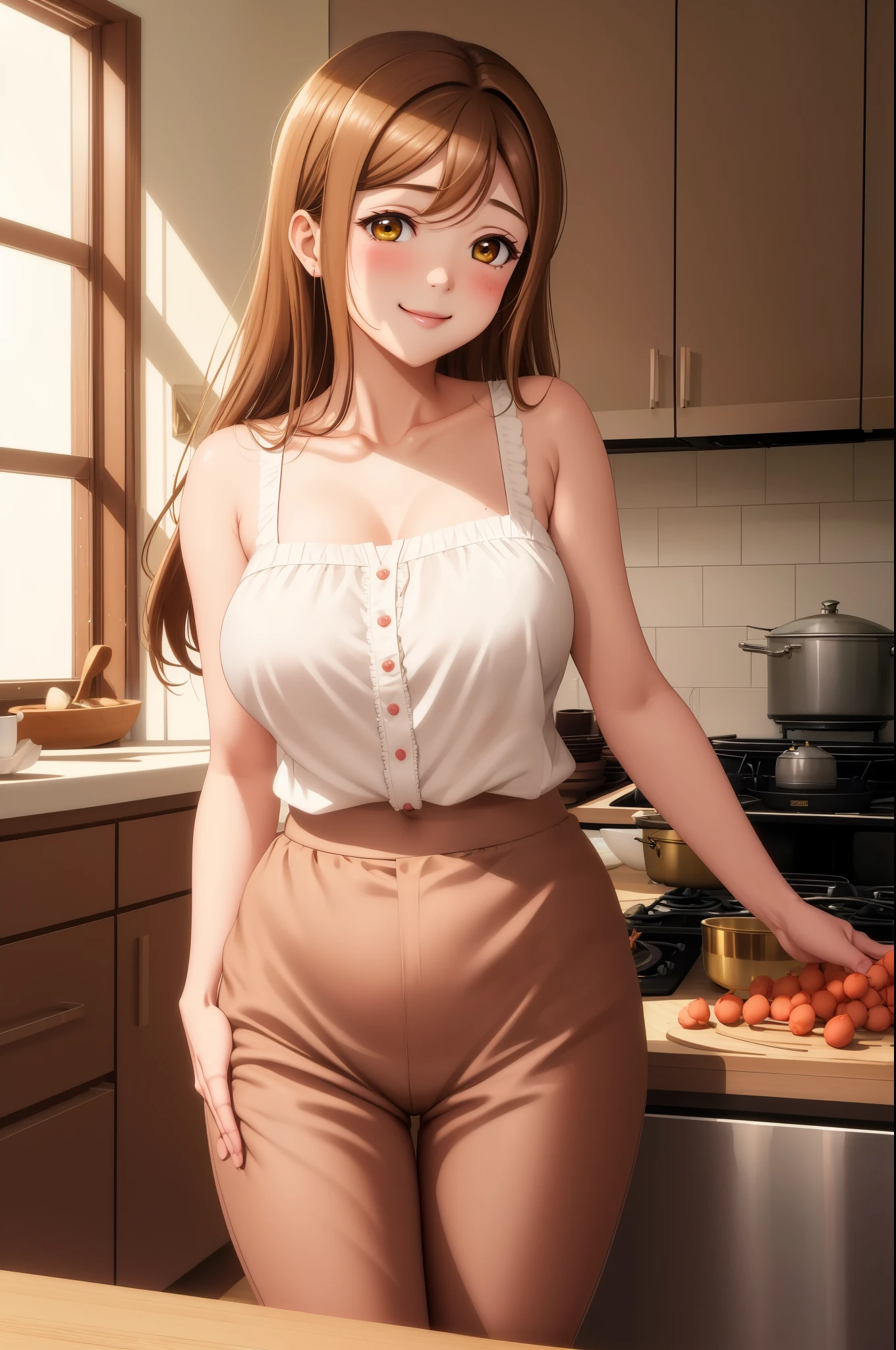 masterpiece, best quality,(NSFW:0.7), (kunikida hanamaru:0.999), (long hair:0.888), (breasts:0.878), (brown hair:0.875), (looking at viewer:0.699), (large breasts:1.0), Blush, oversize blouse,pants, stylish, cooking, sapron, kitchen, light rays, glow, thighs, collarbone, smile , sleeveless