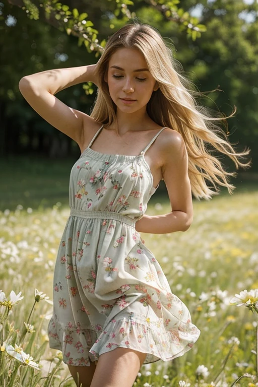 Blonde, thin Instagram girl donning a flowing sundress, twirling on a sunlit meadow during a springtime picnic surrounded by blossoming flowers.