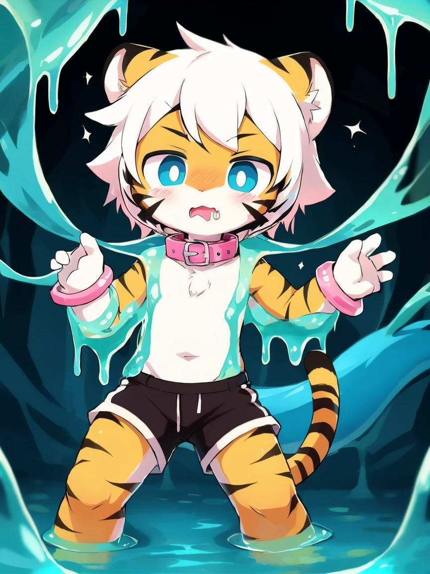 （4K，8k，best quality，meticulous details，Delicate light，Delicate short hair）Tiger cubs，white hair，dark blue pupils，There&#39;a bit strange，adventure，Slime with faint light，Mucus drips down，surprise，touch slime，史莱姆手抚摸Tiger cubs的胯部，black shorts，Big blue striped tail，Little fresh，Dive into the slime，Enter Slime， Shota，Pink bracelet，Pink collar