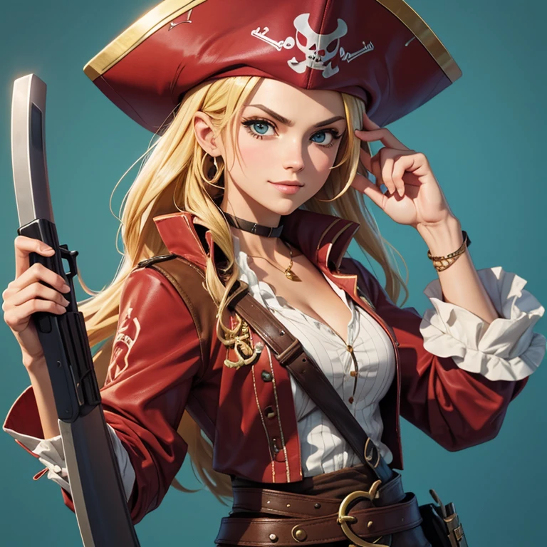Produce an illustration of a daring buccaneering pirate of approximately 35 years old in anime style. She sports flowing blonde hair, wears an imposing pirate hat and holds typical pirate weapons in both hands. Destaque a personalidade destemida da personagem, incorporando elementos do universo RPG para criar uma cena envolvente, your big hat hides your face, com sorriso, holding a 3-barreled gun in his left hand