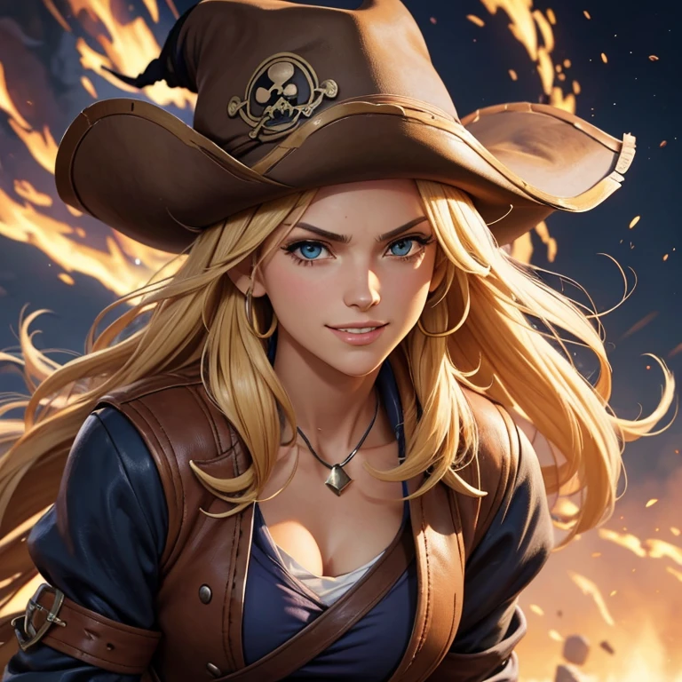 Produce an illustration of a daring buccaneering pirate of approximately 35 years old in anime style. She sports flowing blonde hair, wears an imposing pirate hat and holds typical pirate weapons in both hands. Destaque a personalidade destemida da personagem, incorporando elementos do universo RPG para criar uma cena envolvente, your big hat hides your face, com sorriso, holding a 3-barreled gun in his left hand