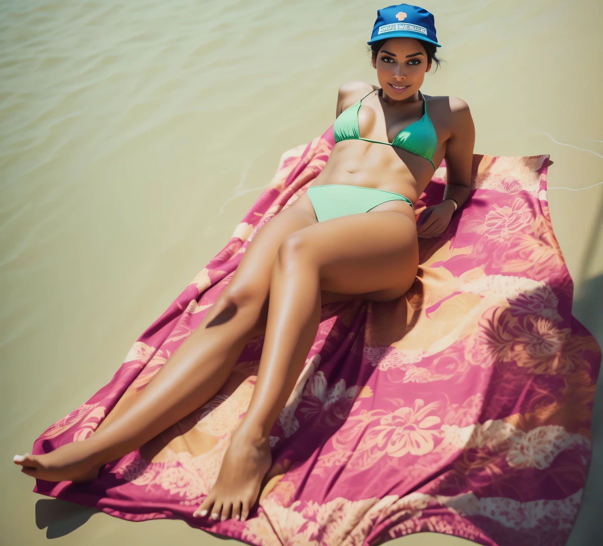 Linda mulher brasileira, wearing a greenish bikini, parte superior da cortina, wearing a blue cap, lying on a towel na praia, na praia, posing na praia, lying na praia, lying na areia, lying na praia, na areia, foto de praia , em uma praia, em uma praia ensolarada, relaxing na praia, she is looking at the camera, elegante e sedutor, Deusa brasileira, pose sensual, pose muito sedutora, olhando sedutoramente na frente, corpo perfeito fotorrealista, small solitary female goddess, cativante e sedutor. foto de corpo inteiro. Uma mulher com pele branca e cabelos escuros. Ela tem trinta s. Seu vermelho, slightly plump lips are like a delicate flower, e ela grande, olhos encantadores parecem conter um mundo de maravilhas. Ela tem 30 anoEla tem 162 cm de altura e seu corpo pesa 56 kg. Your body exudes glamor and your face is the definition of beauty. pernas bem torneadas. Altamente realista, pele avermelhada, beautiful lips, sorriso, feeling of lightness and joy, hiperrealismo, pele muito elaborada, olhar direto, trabalho de arte, Foto de alta qualidade, high resolution, 8k. corpo perfeito fotorrealista