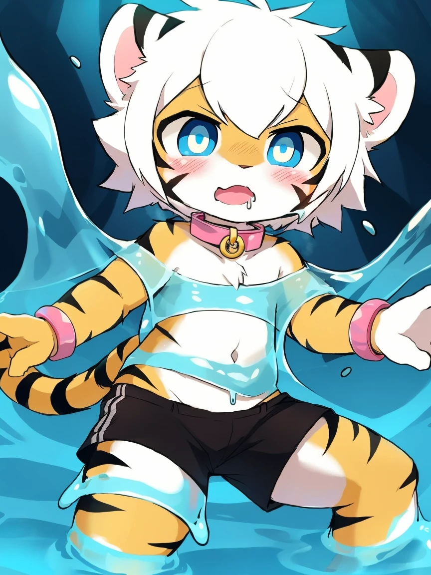 (4K,8k,best quality,meticulous details,Delicate light,Delicate short hair)Tiger cubs,white hair,dark blue pupils,there's something strange,adventure,Slime that exudes faint light,Slime dripping down,surprise,touch slime,史莱姆缠绕Tiger cubs的胯部,black shorts,Big blue striped tail,Little fresh,Dive into the slime,Enter slime, Shota,Pink bracelet,Pink collar