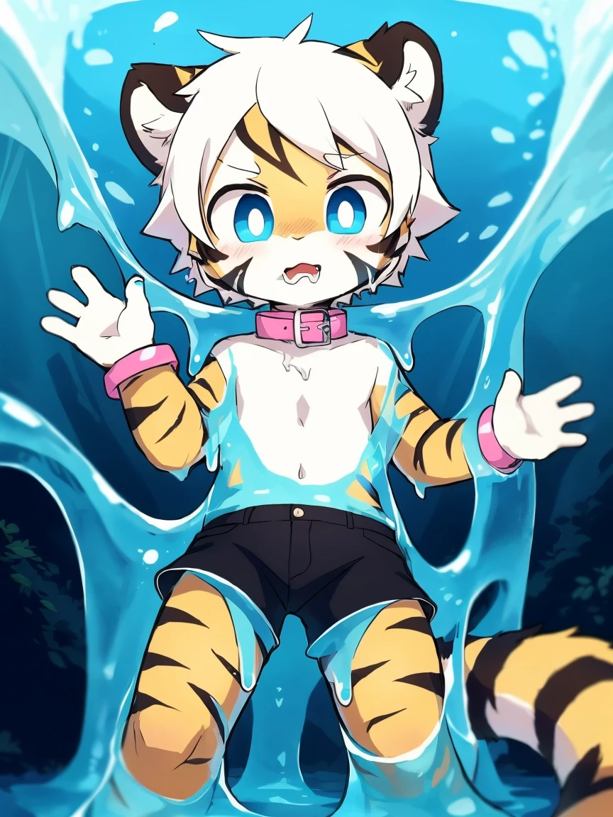 （4K，8k，best quality，meticulous details，Delicate light，Delicate short hair）Tiger cubs，white hair，dark blue pupils，there&#39;s something strange，adventure，Slime that exudes faint light，Slime dripping down，surprise，touch slime，史莱姆缠绕Tiger cubs的胯部，black shorts，Big blue striped tail，Little fresh，Dive into the slime，Enter slime， Shota，Pink bracelet，Pink collar