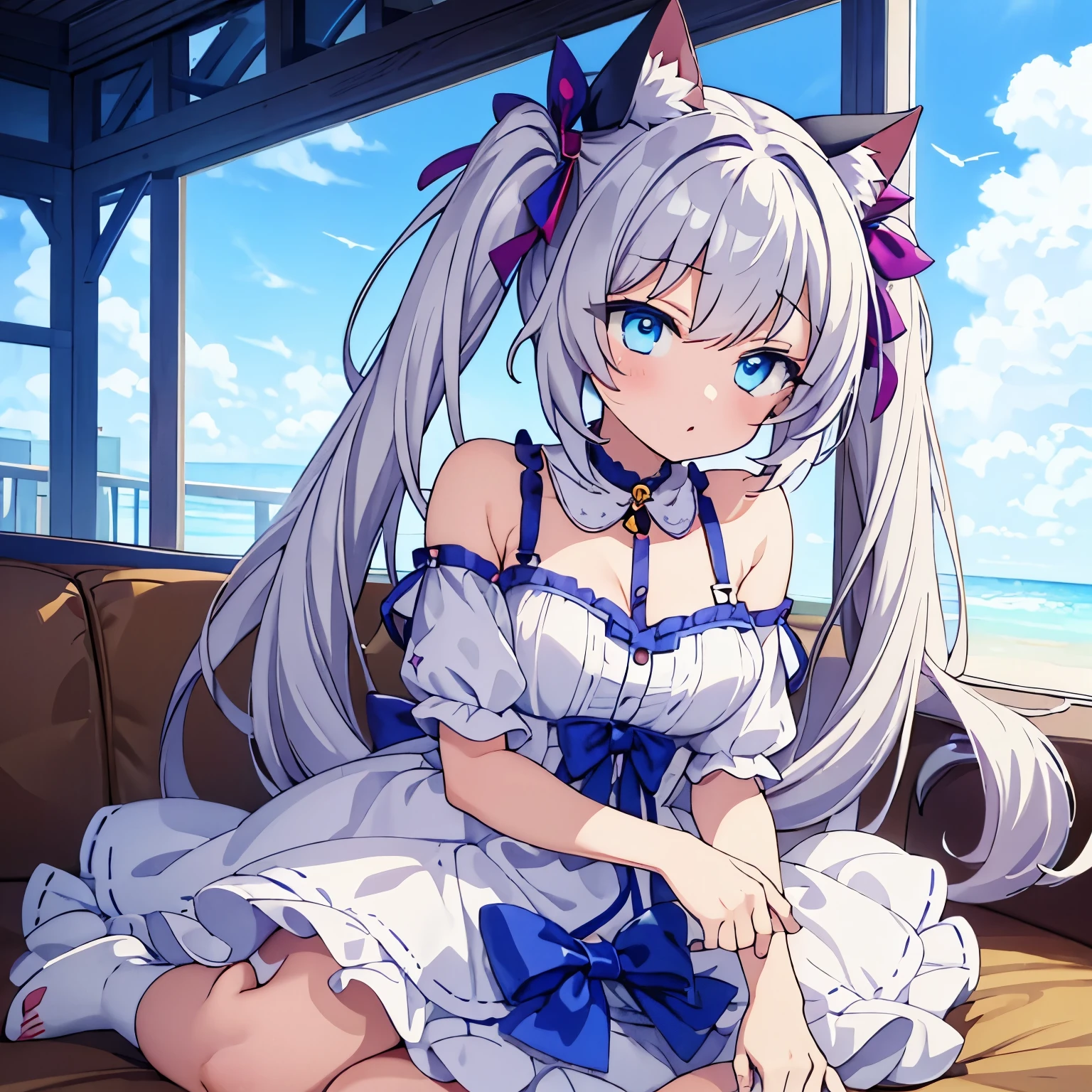 anime style、Cat ear、twin tails、high school girl