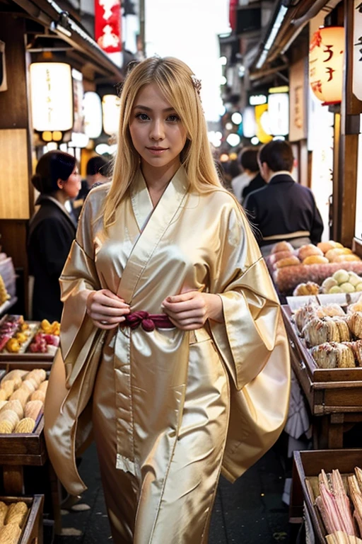 Blonde, thin Instagram girl elegantly clad in a traditional silk kimono, navigating through the vibrant stalls of a bustling Tokyo market.