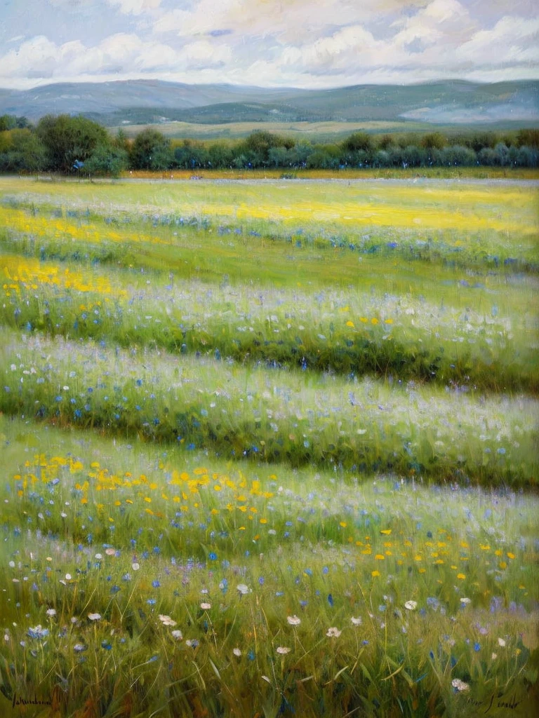 A landscape showing a flowery meadow and a big part of blue sky with beautiful white clouds. The light is not warm, oil painting