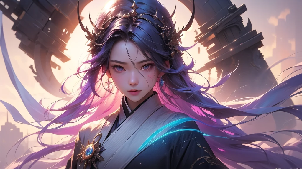 Uma bela  chinesa, olhos afiados, clear facial features, Usando Hanfu, Postura de combate, movimentos de artes marciais, Body surrounded by purple mist, Runas ao redor, holographic reality, Holographic halo, desfoque de movimento, efeitos de luz do jogo, luz de borda, Luz suave, movie luz de borda, Luz delicada, obra de arte, super detalhado, Epic composition, super HD, alta qualidade, Mais alta qualidade, 32K
