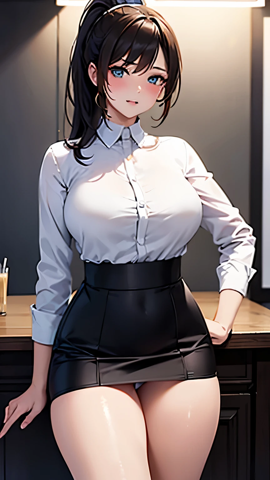 ((highest quality)),absurd,(Super high resolution), octane rendering, mature woman, mature woman, office lady, white clothes, crop top, cutouts of clothes, wearing white panties, brown hair, ponytail, Thighs with longitudinal stripes, Take a naughty pose, naughty face, perfect female body, (8K), (table top), (soft lighting),(beautiful eyes:1),