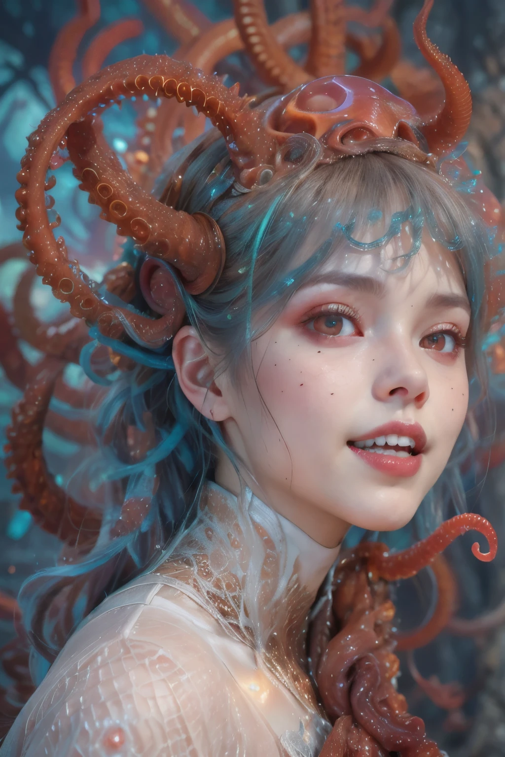 scary and sexy detailed art in color, Portrait, (beautiful and obscene female alien:1.4), (vulgarity1.7), (she has red eyes with no pupils:1.8), (Translucent white skin:1.7), (There is a female genital-like organ in the middle of the forehead:1.9), (The most beautiful face in the history of the universe:1.2),an evil gaze that seduces, (large mouth:1.1), (sharp teeth like a vampire:1.2), Full body portrait, (bio luminescent:1.5), (Smile wickedly:1.3), (sexypose:1.5), alien, No humans, cells are fused, (Lots of translucent tentacles:1.3) extraterrestrial, cell, bio image, best quality, 8K, In 4K_quality, High freshness, Dramatic Lighting, masutepiece:1.5,cinematic quality, detail up, (exquisite details:1.2), high resolution, High freshness, drawing faithfully, (Thick eyebrows:1.2), Beautiful eyes with fine symmetry,(Highly detailed face and eyes:1.2), Intimate face, (Super detailed skin quality feeling:1.4), perfect anatomy, (Beautiful toned body:1.5), (Moist skin:1.2), not wearing makeup, (dark circles:1.1), long canines, cinematic drawing of characters, ultra high quality model, cinematic quality, detail up, (exquisite details:1.2), high resolution, High freshness, drawing faithfully, official art, Unity 8K Wall paper, best quality, Very high resolution, ultra detailed artistic photography, midnight aura, unreal engine 5, Ultra Sharp Focus, art by Amano Yoshitaka, ArtGerm, Roisch, intricate artwork, best quality, masterpiece, ultra high resolution, (photos realistic:1.4), ultra realistic realism, dream-like, nautilus, Creation of fantasy, Snail, Dream Snail, (biopunk nautilus:1.3),Thrilling color schemes, ultra realistic realism, seductively smiling, Blue tentacles, Amazing mutation, well-proportioned body, goddess of the deep sea