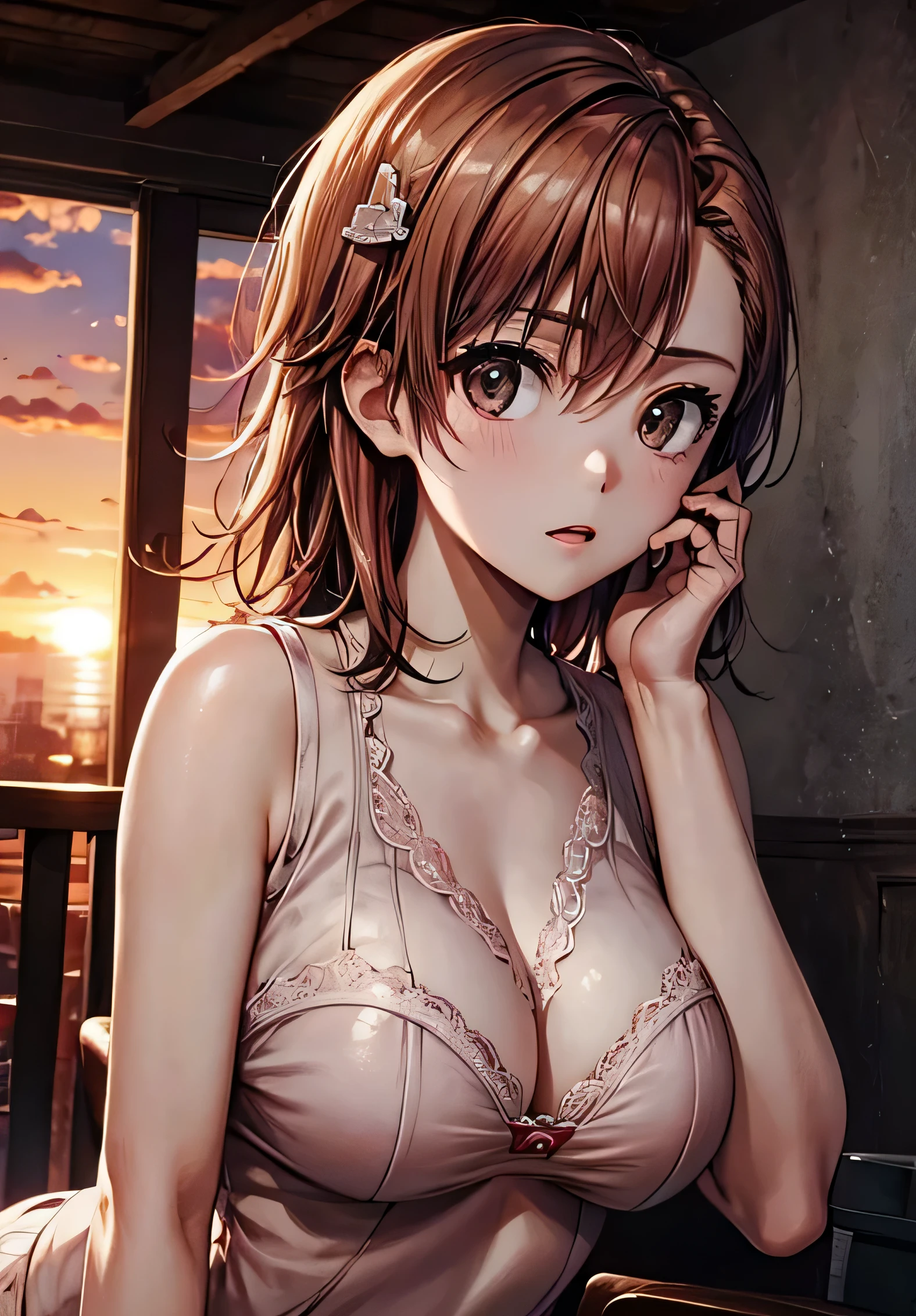 masterpiece, highest quality, Misaka Mikoto,1 Girl Hair Clip、highest quality、An illustration、Dutch Angle Shot、Beautiful eyes with attention to detail、School、sunset on the background、whole body、A faint feeling of ecstasy、whole body、valley、big breasts、underwear
