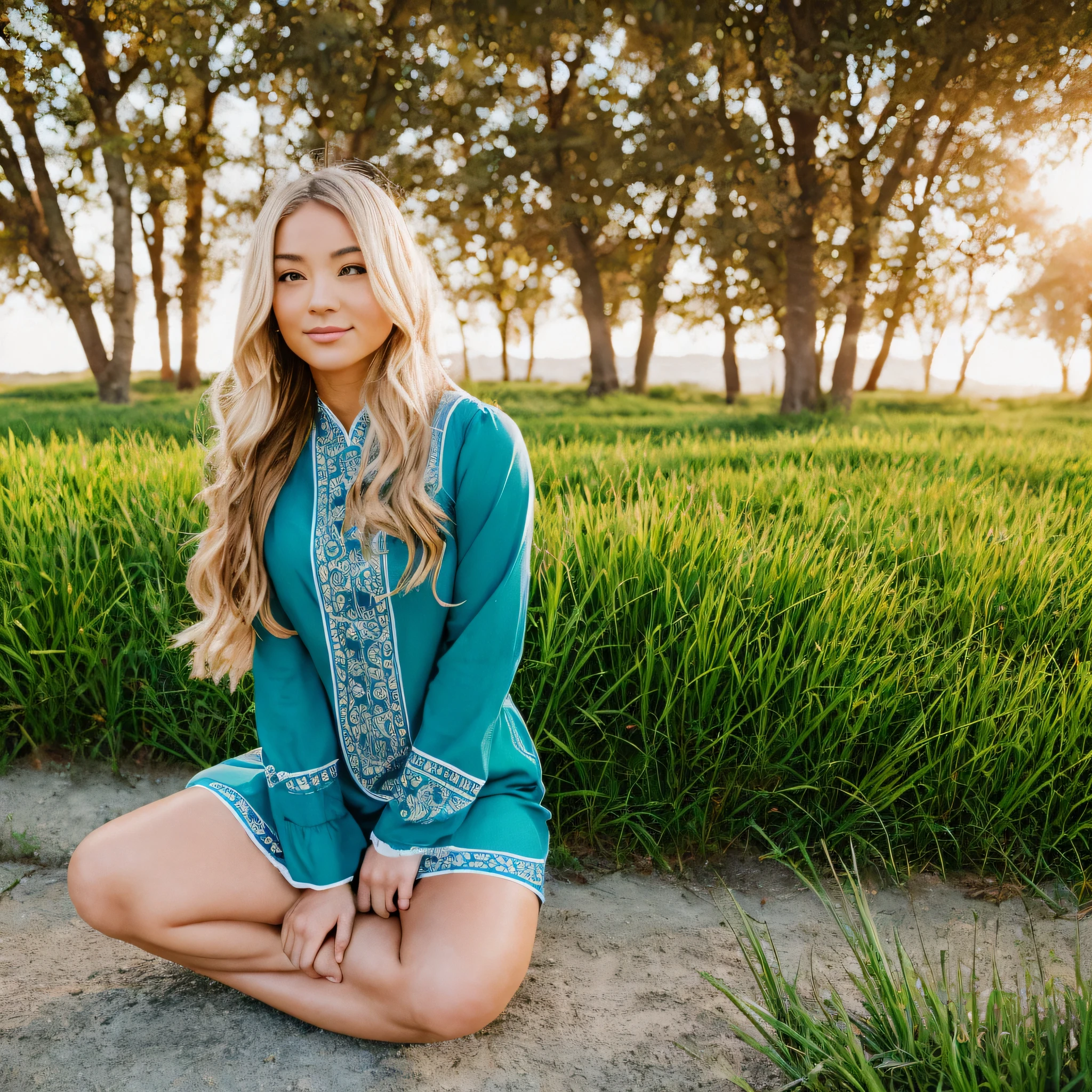 blonde goddess in a rice land in authentical asian clothes