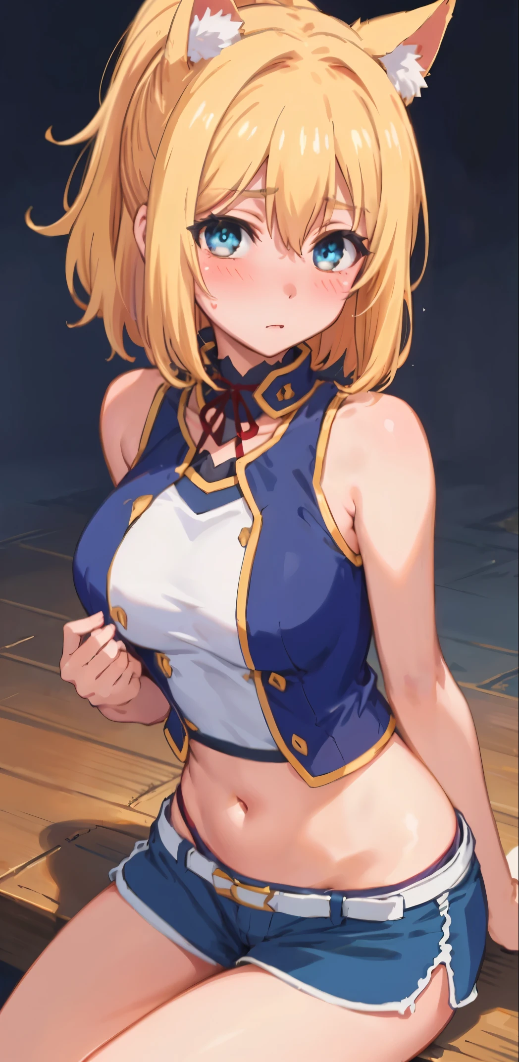 best quality, (masterpiece:1.2), detailed, medieval,
Rumia Tingel,
1girl, solo, ((blush)),
medium hair, blonde hair, short ponytail, blue eyes, green bow, x hair ornament,
((( blue eyes, ultra-detailed eyes))),
Dynamic pose, ((blush)), medium breasts, medium hair, background, perfect anatomy, healthy skin, glowing eyes, cat ears. sitting .(( Sleeveless)), ((navel, healthy skin)), elegant shirt, (((elegant shorts)))