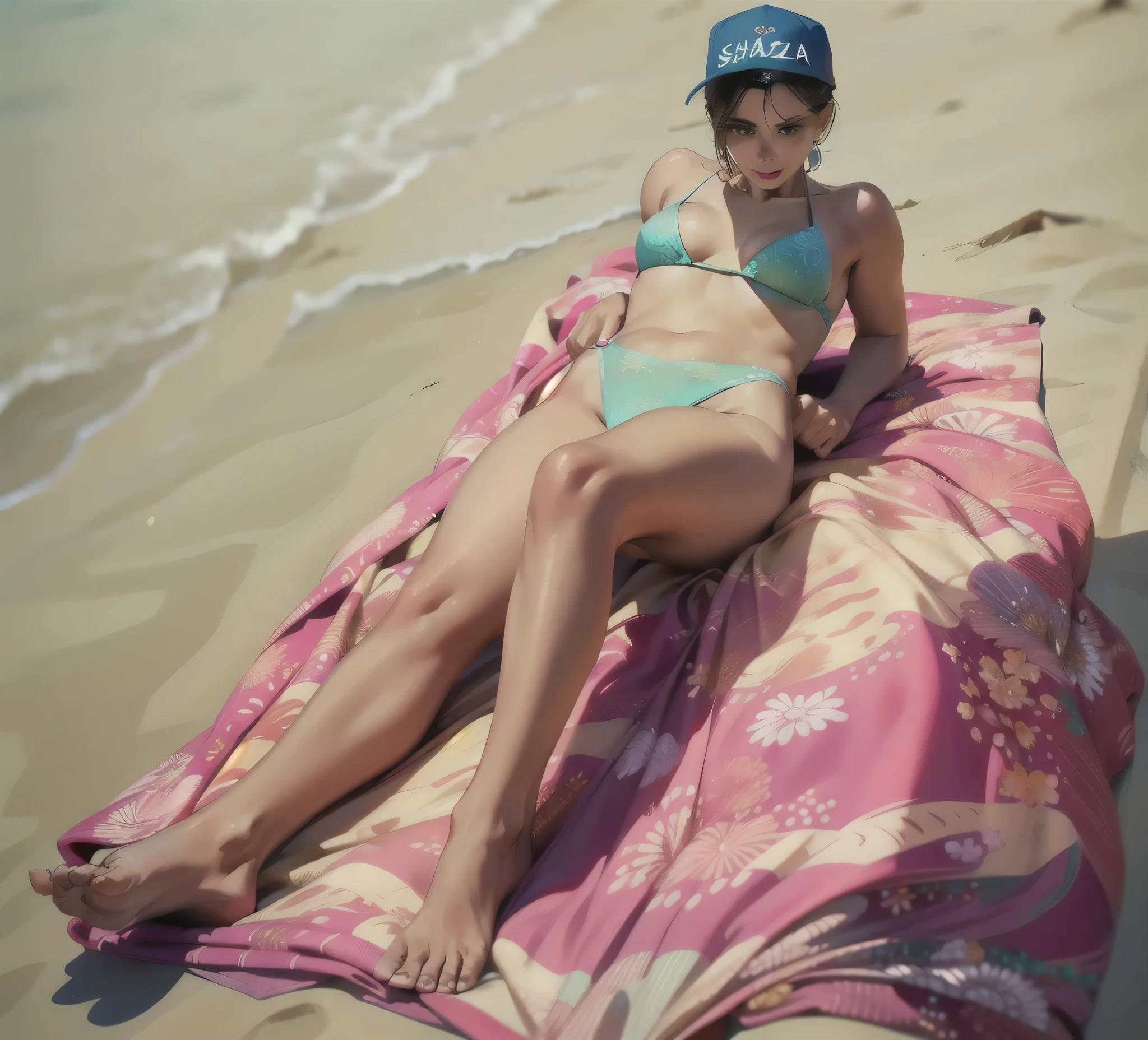 Linda mulher brasileira, wearing a greenish bikini, parte superior da cortina, wearing a blue cap, lying on a towel na praia, na praia, posing na praia, lying na praia, lying na areia, lying na praia, na areia, foto de praia , em uma praia, em uma praia ensolarada, relaxing na praia, she is looking at the camera, elegante e sedutor, Deusa brasileira, pose sensual, pose muito sedutora, olhando sedutoramente na frente, corpo perfeito fotorrealista, small solitary female goddess, cativante e sedutor. foto de corpo inteiro. Uma mulher com pele branca e cabelos escuros. Ela tem trinta anos. Seu vermelho, slightly plump lips are like a delicate flower, e ela grande, olhos encantadores parecem conter um mundo de maravilhas. Ela tem 30 anos. Ela tem 162 cm de altura e seu corpo pesa 56 kg. Your body exudes glamor and your face is the definition of beauty. pernas bem torneadas. Altamente realista, pele avermelhada, beautiful lips, sorriso, feeling of lightness and joy, hiperrealismo, pele muito elaborada, olhar direto, trabalho de arte, Foto de alta qualidade, high resolution, 8k. corpo perfeito fotorrealista