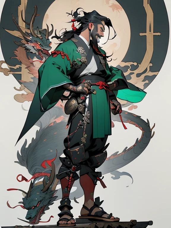 (((China-style,Ink painting method,bust,Intense color,Chinese, China,hanfu,armor,Guan Yu,Guan Yunchang,of a man,Ruddy killing square face,The right hand holds the Azure Dragon Moon Sword,Stroke your beard with your left hand,long hair,Small Eyes,Green robe))), (((best quality))), (((masterpiece))), (((AS-Adult))), ((( Japanese ))), Look up from your knees, Handsome Asian samurai,Perfect body, Modern samurai, ((( Asian))), put on gloves,The left arm is made of steel and metal tips,Made of protective gear, Eyes were pulled, (( Appears below the chest )), (( small dental floss )), Simon Beasley, Almost ?????(Simon Beasley)Castle City Wilderness,For high resolution posters, straight hair, minimum attire, armor (Crazy clothes ), Full of tips and rivets, tribal tattoo, (((Full body female love))), 黑发straight hair,Dyeing hair ends