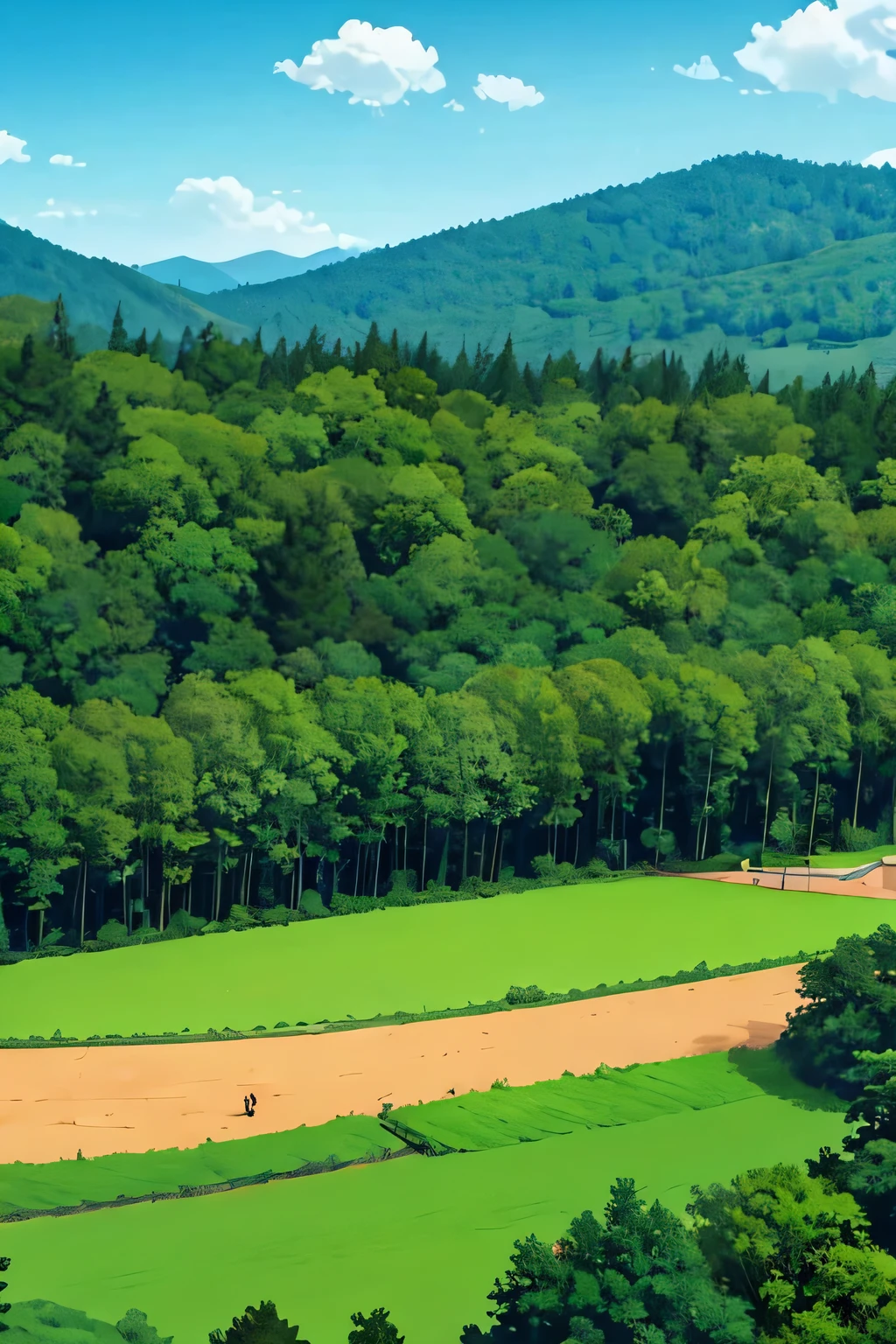 pequeno campo com uma floresta densa ao fundo em estilo cartoon
