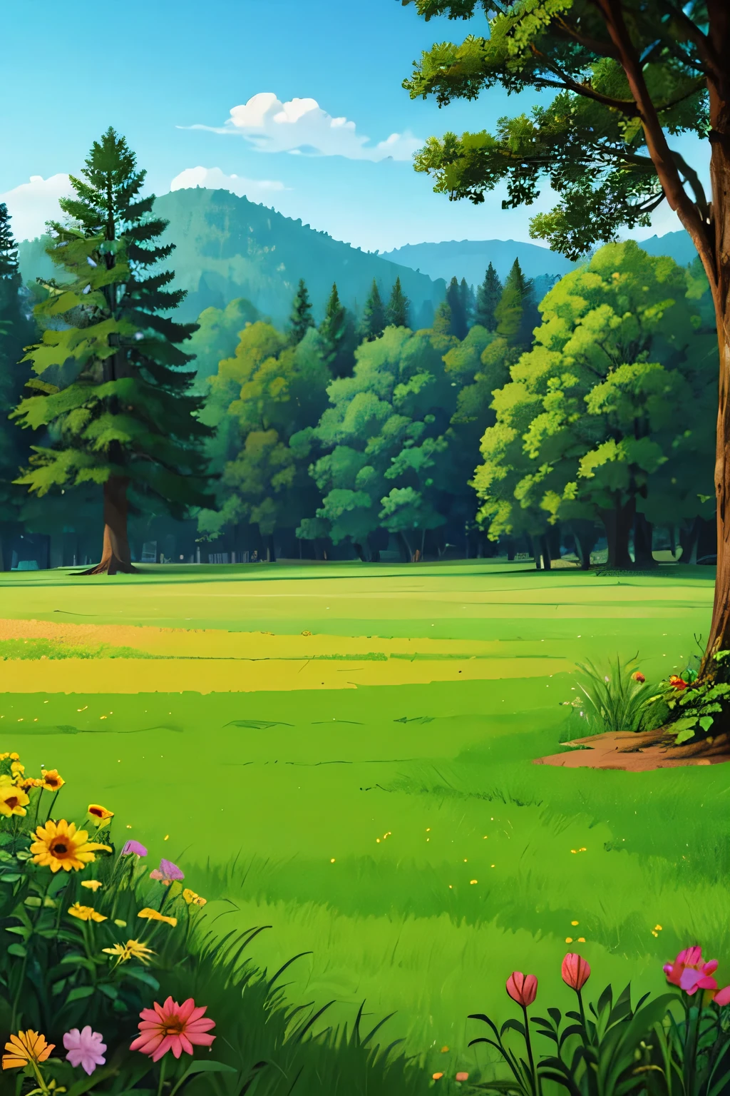 pequeno campo com uma floresta densa ao fundo em estilo cartoon