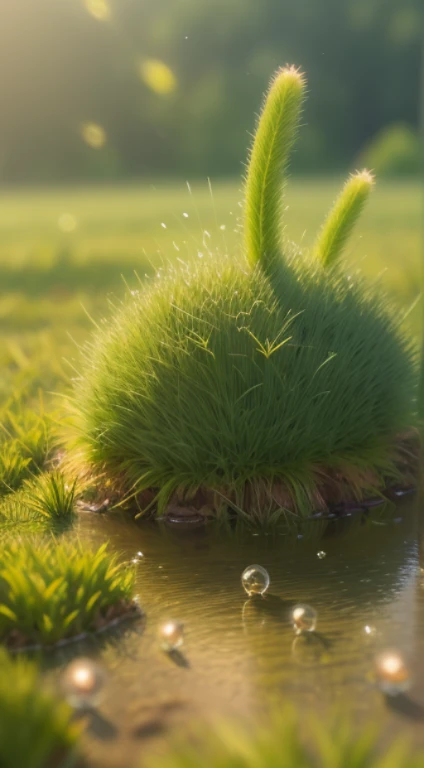Early morning atmosphere, Beautiful natural landscape, Dense grass, macro photography in the grass, Dewdrops and Reflections, very small cute creatures in macro photography scurrying in the grass about their little business, macro photography, Lots of furry little animals, furry little thing