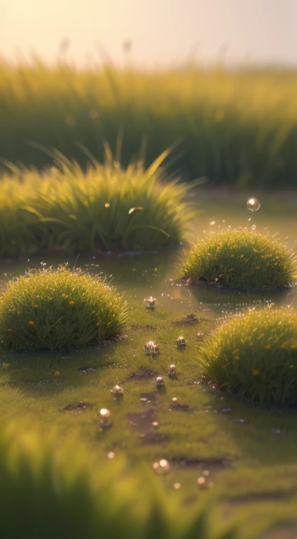 Early morning atmosphere, Beautiful natural landscape, Dense grass, macro photography in the grass, Dewdrops and Reflections, very small cute creatures in macro photography scurrying in the grass about their little business, macro photography, Lots of furry little animals, furry little thing