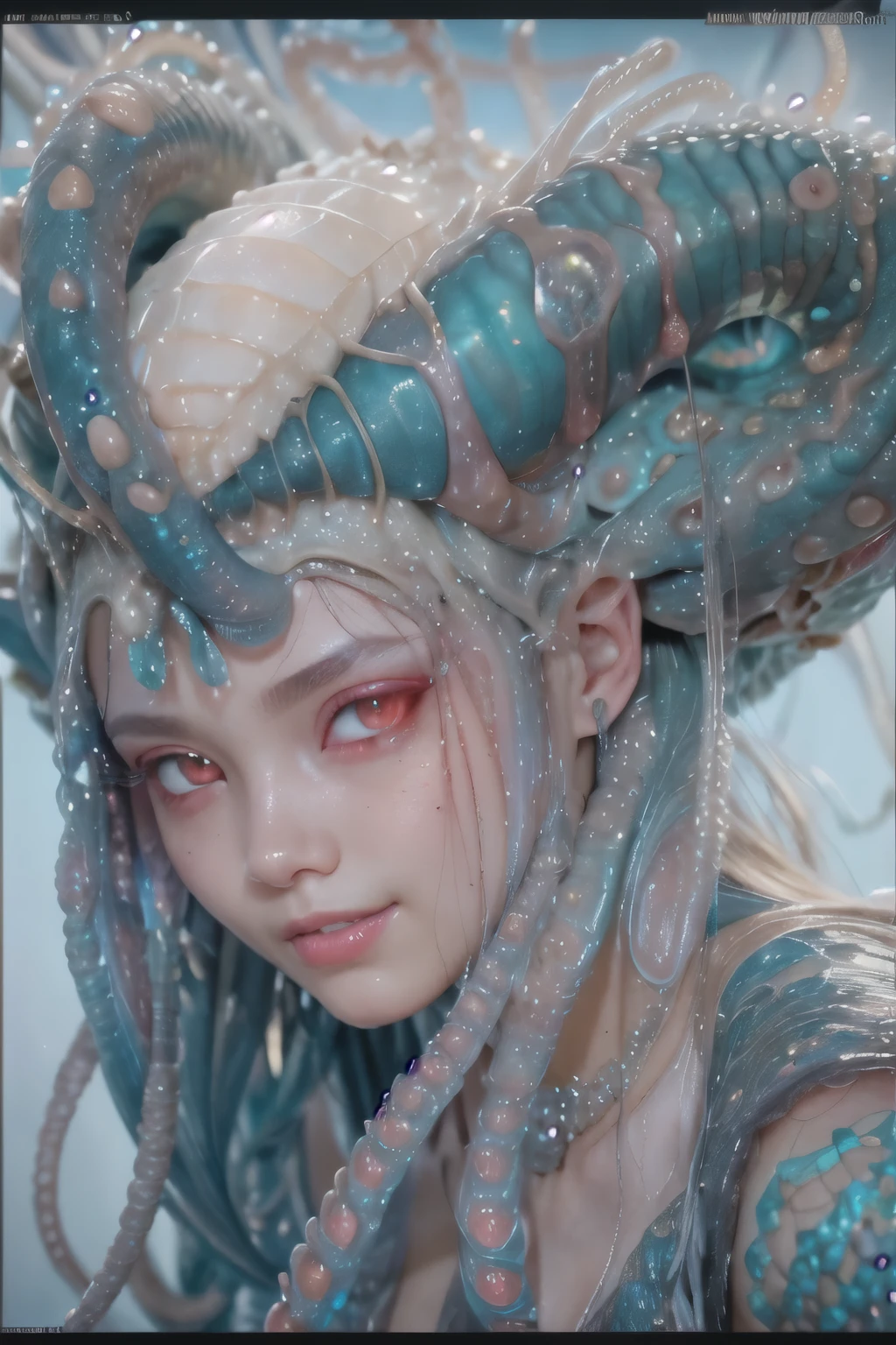 scary and sexy detailed art in color, Portrait, (beautiful and obscene female alien:1.4), (vulgarity1.7), (she has red eyes with no pupils:1.8), (Translucent blueskin:1.7), (There is a female genital-like organ in the middle of the forehead:1.9), (The most beautiful face in the history of the universe:1.2),an evil gaze that seduces, (large mouth:1.1), (sharp teeth like a vampire:1.2), Full body portrait, (bio luminescent:1.5), (Smile wickedly:1.3), (sexypose:1.5), alien, No humans, cells are fused, (Lots of translucent tentacles:1.3) extraterrestrial, cell, bio image, best quality, 8K,In 4K_quality, High freshness, Dramatic Lighting, masutepiece:1.5,cinematic quality, detail up, (exquisite details:1.2), high resolution, High freshness, drawing faithfully, (Thick eyebrows:1.2), Beautiful eyes with fine symmetry,(Highly detailed face and eyes:1.2), Intimate face, (Super detailed skin quality feeling:1.4), perfect anatomy, (Beautiful toned body:1.5), (Moist skin:1.2), not wearing makeup, (dark circles:1.1), long canines, cinematic drawing of characters, ultra high quality model, cinematic quality, detail up, (exquisite details:1.2), high resolution, High freshness, drawing faithfully, official art, Unity 8K Wall paper, best quality, Very high resolution, ultra detailed artistic photography, midnight aura, unreal engine 5, Ultra Sharp Focus, art by Amano Yoshitaka, ArtGerm, Roisch, intricate artwork, best quality, masterpiece, ultra high resolution, (photos realistic:1.4), ultra realistic realism, dream-like, nautilus, Creation of fantasy, Snail, Dream Snail, (biopunk nautilus:1.3),Thrilling color schemes, ultra realistic realism, seductively smiling, Blue tentacles, Amazing mutation, well-proportioned body, goddess of the deep sea