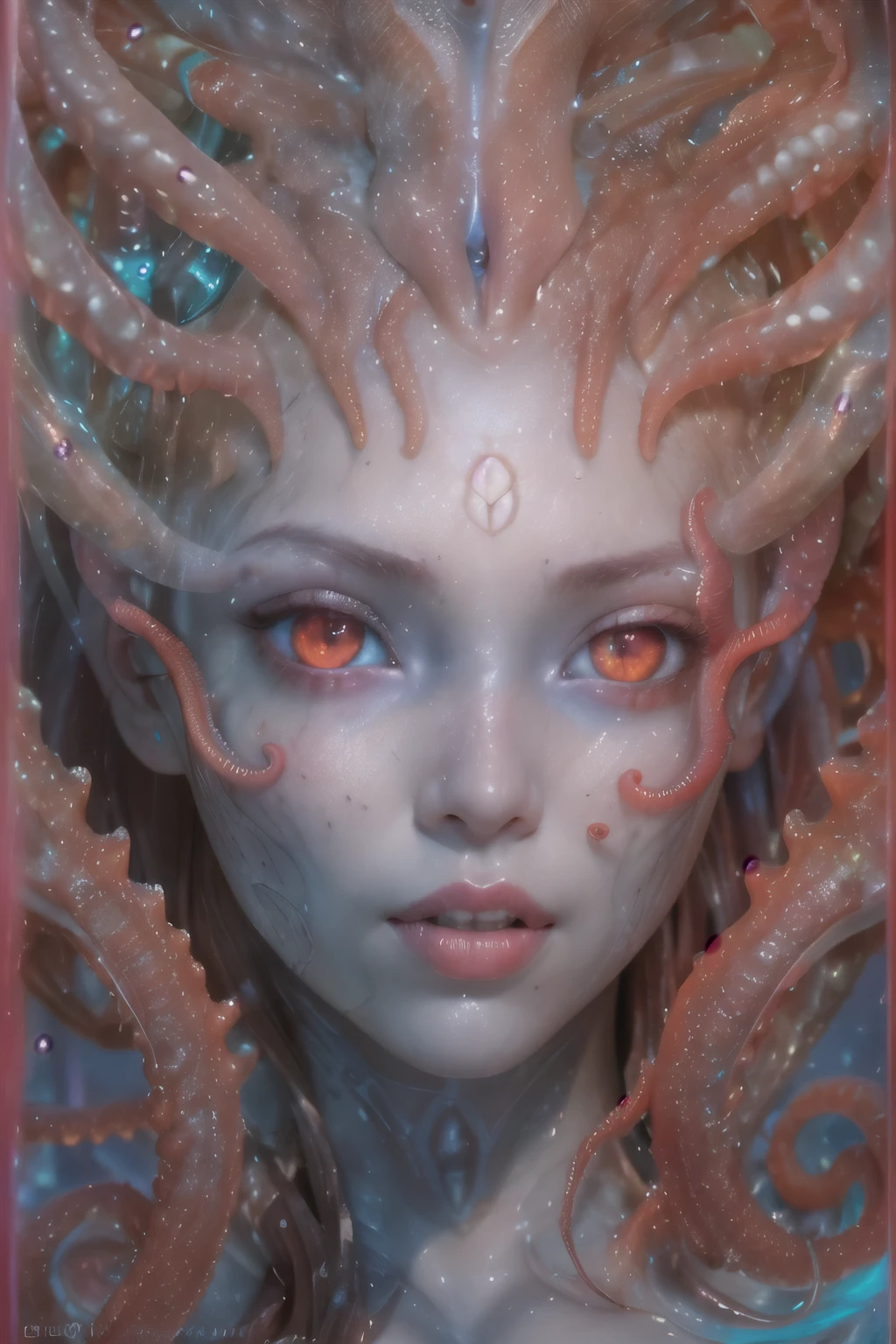 scary and sexy detailed art in color, Portrait, (beautiful and obscene female alien:1.4), (vulgarity1.7), (she has red eyes with no pupils:1.8), (Translucent blueskin:1.7), (There is a female genital-like organ in the middle of the forehead:1.9), (The most beautiful face in the history of the universe:1.2),an evil gaze that seduces, (large mouth:1.1), (sharp teeth like a vampire:1.2), Full body portrait, (bio luminescent:1.5), (Smile wickedly:1.3), (sexypose:1.5), alien, No humans, cells are fused, (Lots of translucent tentacles:1.3) extraterrestrial, cell, bio image, best quality, 8K,In 4K_quality, High freshness, Dramatic Lighting, masutepiece:1.5,cinematic quality, detail up, (exquisite details:1.2), high resolution, High freshness, drawing faithfully, (Thick eyebrows:1.2), Beautiful eyes with fine symmetry,(Highly detailed face and eyes:1.2), Intimate face, (Super detailed skin quality feeling:1.4), perfect anatomy, (Beautiful toned body:1.5), (Moist skin:1.2), not wearing makeup, (dark circles:1.1), long canines, cinematic drawing of characters, ultra high quality model, cinematic quality, detail up, (exquisite details:1.2), high resolution, High freshness, drawing faithfully, official art, Unity 8K Wall paper, best quality, Very high resolution, ultra detailed artistic photography, midnight aura, unreal engine 5, Ultra Sharp Focus, art by Amano Yoshitaka, ArtGerm, Roisch, intricate artwork, best quality, masterpiece, ultra high resolution, (photos realistic:1.4), ultra realistic realism, dream-like, nautilus, Creation of fantasy, Snail, Dream Snail, (biopunk nautilus:1.3),Thrilling color schemes, ultra realistic realism, seductively smiling, Blue tentacles, Amazing mutation, well-proportioned body, goddess of the deep sea