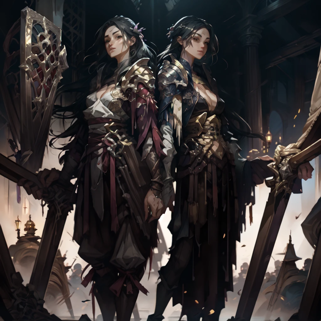 Um casal, olhos afiados, black facial features, escuras, Usando Hanfu, Postura de combate, movimentos de artes marciais, Body surrounded by purple mist, Runas ao redor, holographic reality, Holographic halo, desfoque de movimento, efeitos de luz do jogo, luz de borda, Luz suave, movie luz de borda, Luz delicada, obra de arte, super detalhado, Epic composition, super HD, alta qualidade, Mais alta qualidade, 32K