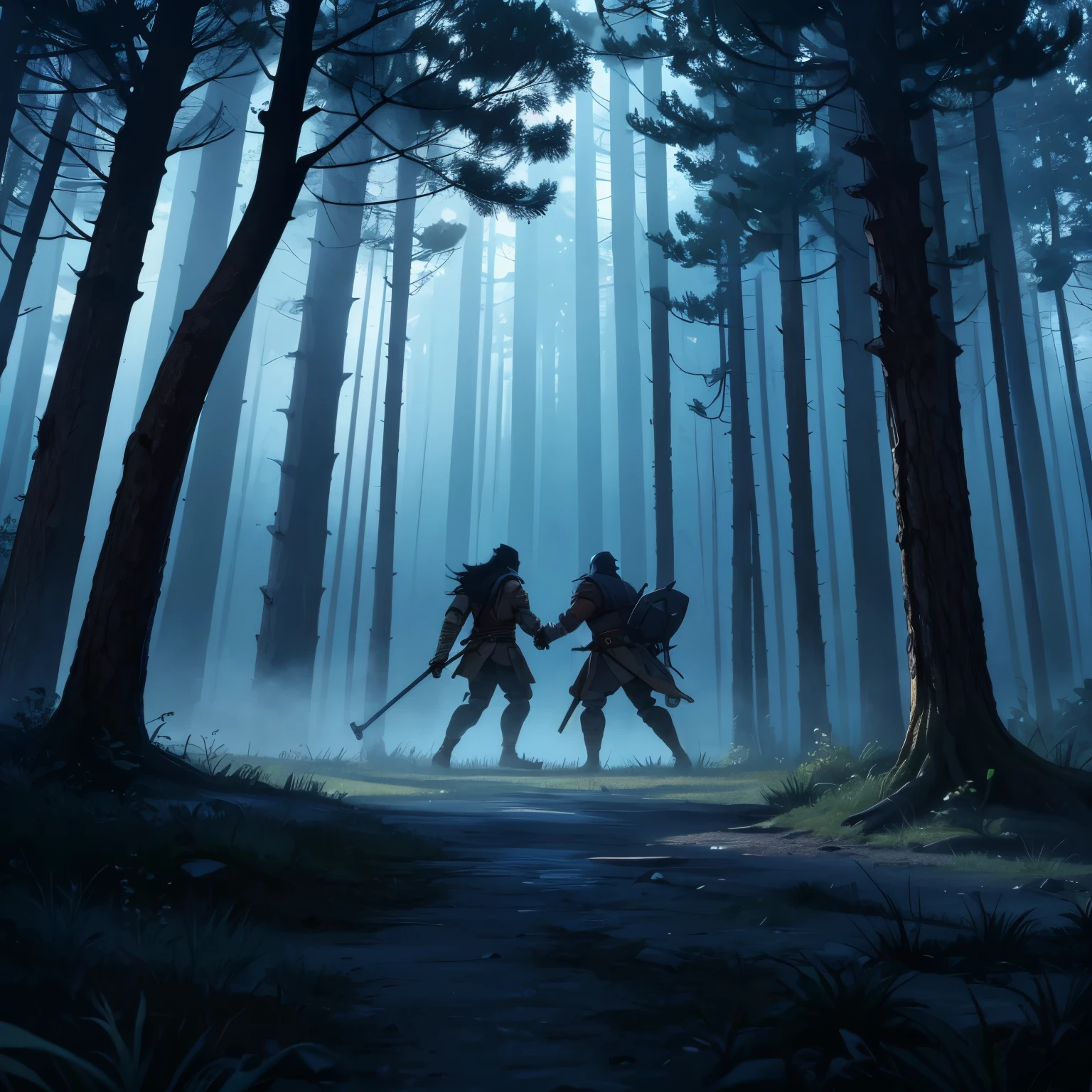 War emphasis with 2 warriors fighting 1 black werewolf. Forest scenery with dry trees, a noite. Vista distante. Totally bluish and dark lighting, with a lot of fog.
