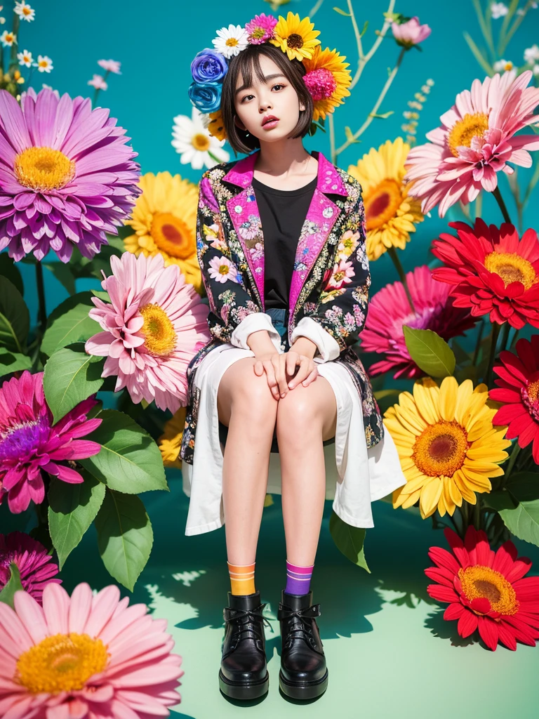 masterpiece,best quality,high resolution,(8K, RAW photo:1.2),1 girl,(short hair:1.31),(8K, RAW photo:1.2),1 girl,((masterpiece, Highest_quality)), 1 girl, (realism:1.4), colorful flower theme:1.3), random colorful hair style, (random colorful flower eccentric clothed), (colorful flower art work to background:1.6),full body,zoomout.full body,full body,full body,