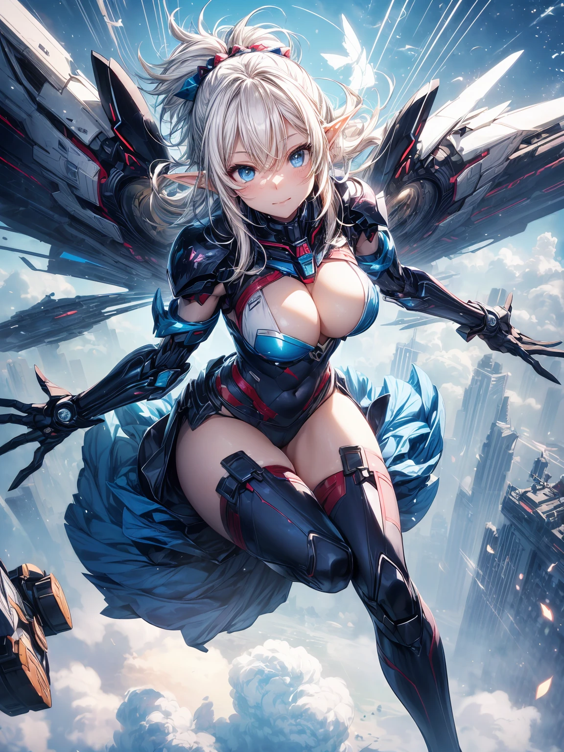 (masterpiece、highest quality, wonderful, very detailedティッカーユニティ、8k wallpaper, written boundary depth, Ultra-fine illustration:1.5)、。.。.3D, very detailed, (Full body Esbian、Mecha elf girl:1.3), sci-fi battlefield, Hawken, smile, open your mouth、short ponytail hair, (white blonde hair, deep blue eyes:1.2), sparkling eyes, cute顔, cute, big breasts, delicate hair, messy hair, (((Flying high in the sky))、blue sky, White cloud), shiny hair, shiny skin, (Symmetrical mechanical winetallic colored mechanical wings that are widely expanded to the left and right so that they protrude wonderfully from the screen, bite, white hair ornament), (particles of light, cinematic lighting: 1.3), (pale pink lips: 0.8), by Yusuke Murata.