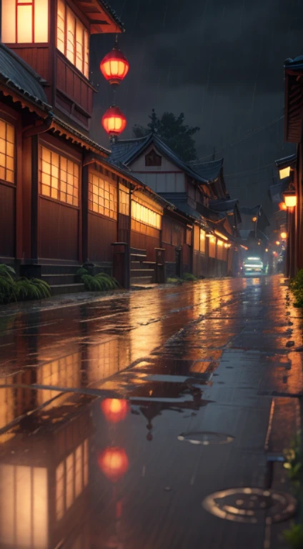 village view,There are a lot of lights on the building, Dream China Town, china village, amazing wallpapers, Japantown, japanese village, surreal photo of a small town, old asian village, Japantown市, author:Raymond Han, rainy night, Cyberpunk Chinese Ancient Castle, Beautifully lit buildings, when it rains at night, Beautiful and beautiful, photography, Normal, 8k, high detail ((downpour)))