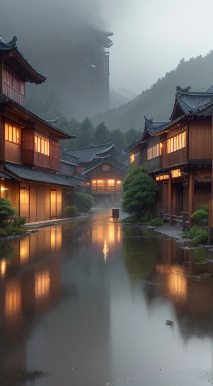 village view,There are a lot of lights on the building, Dream China Town, china village, amazing wallpapers, Japantown, japanese village, surreal photo of a small town, old asian village, Japantown市, author:Raymond Han, rainy night, Cyberpunk Chinese Ancient Castle, Beautifully lit buildings, when it rains at night, Beautiful and beautiful, photography, Normal, 8k, high detail ((downpour)))