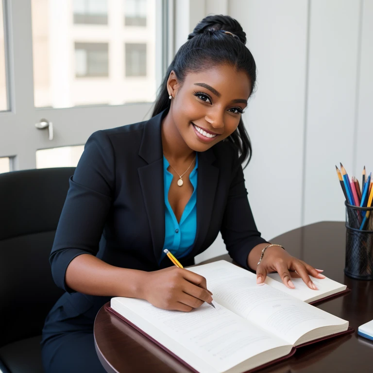 Hay una mujer sonriendo muy elegante y atractiva, dark-skinned woman has a notebook and a pencil in her hand, ella esta entrevistando a un hombre en una oficina, para un trabajo, ella es reclutadora de personal