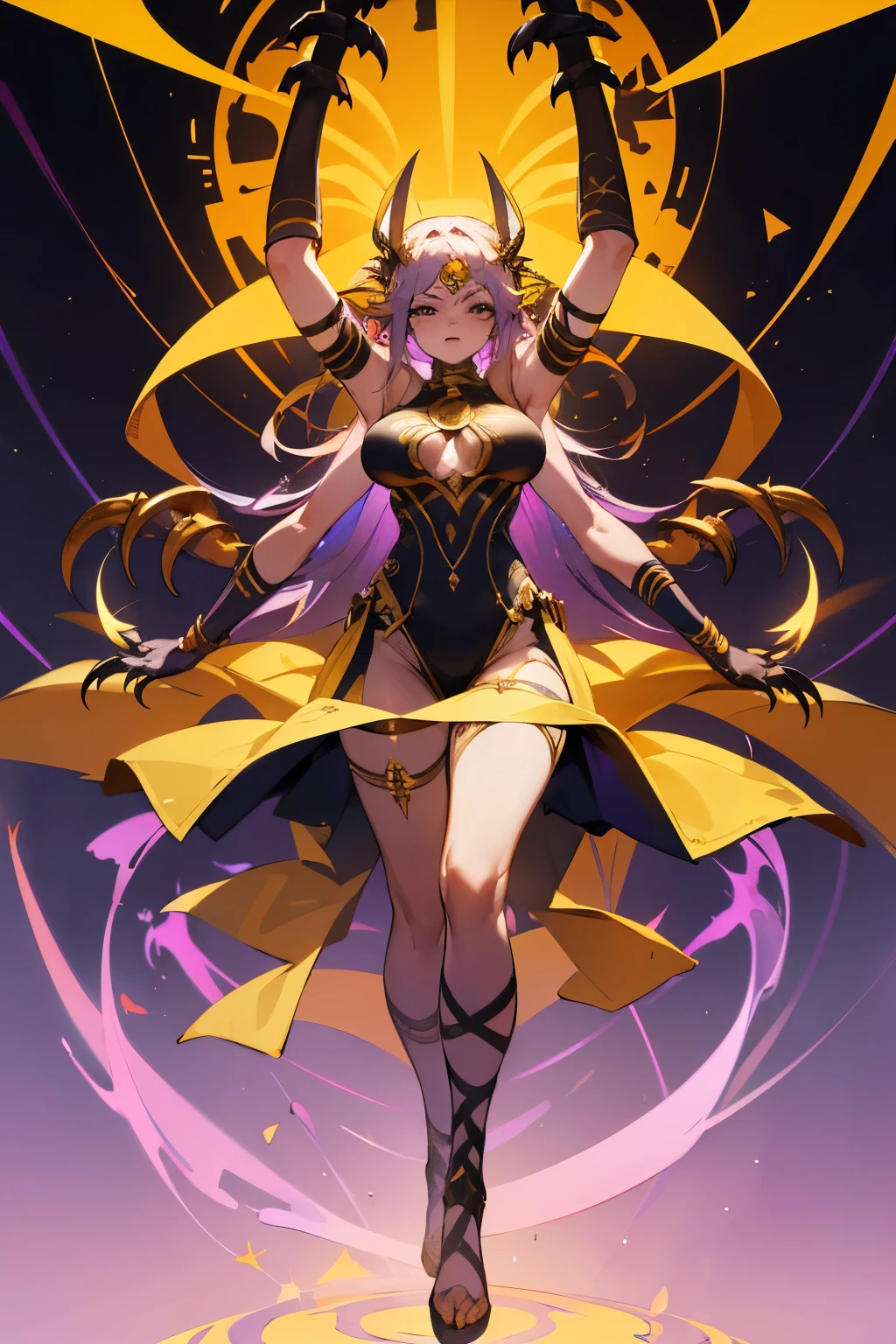 Masterpiece, best quality, full body art, girl, 25 years old, thin body, 2 breast size, 2 meters tall, 4 arms, Egyptian outfit, toga, metal gloves with claws, 4 hands, yellow and purple palette, thick tangled hair to the neck, black eyes, third eye on the forehead, danger pose, frightening face