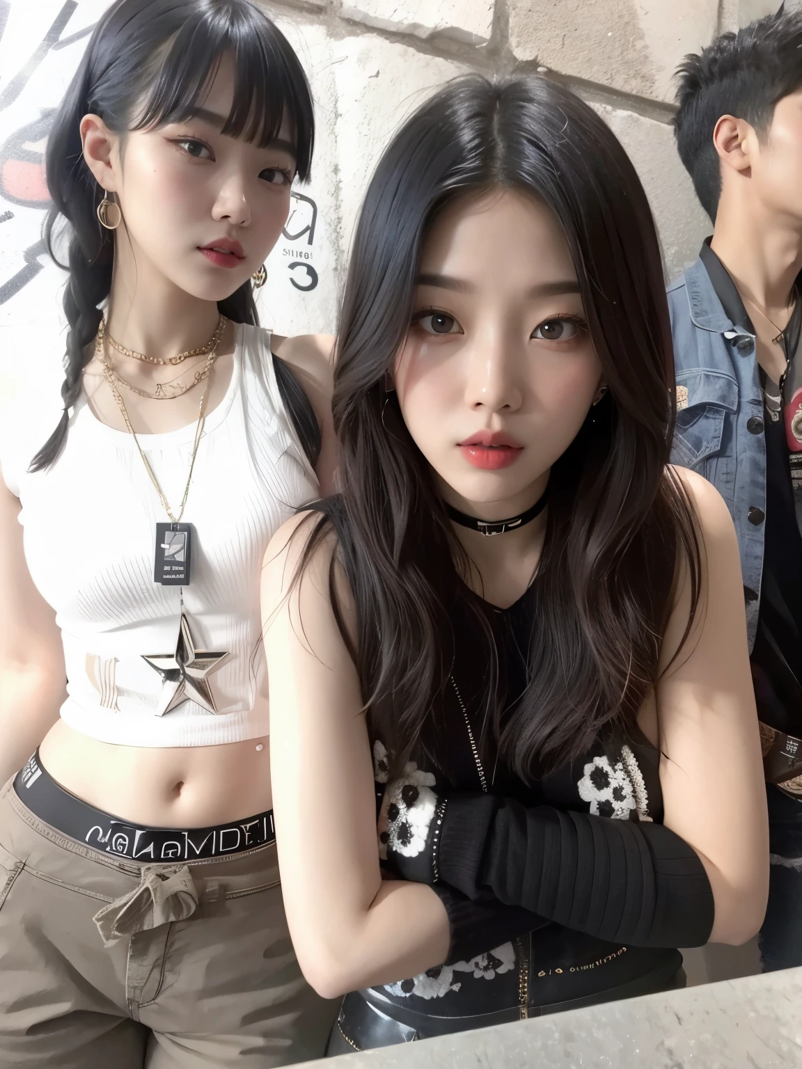 there are two asian women standing next to each other, cruel korean goth girl, kanliu666, jinyoung shin, ulzzang, jaeyeon nam, e - girl, e-girl, with pop punk style, blackpink, korean idol, h. u. d, official, #oc, # oc, xision wu, with black, gongbi, joy red velvet