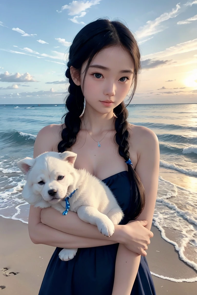 Round face, white skin, braided hair, carrying a puppy on the beach of the blue sea and the blue sea.With a round face, white skin, and braided hair,  a little over wight body. she was holding a puppy on the beach in the blue sea. She was wearing a black dress. Lovely and cute posing on the beautiful beach.Time are sunset