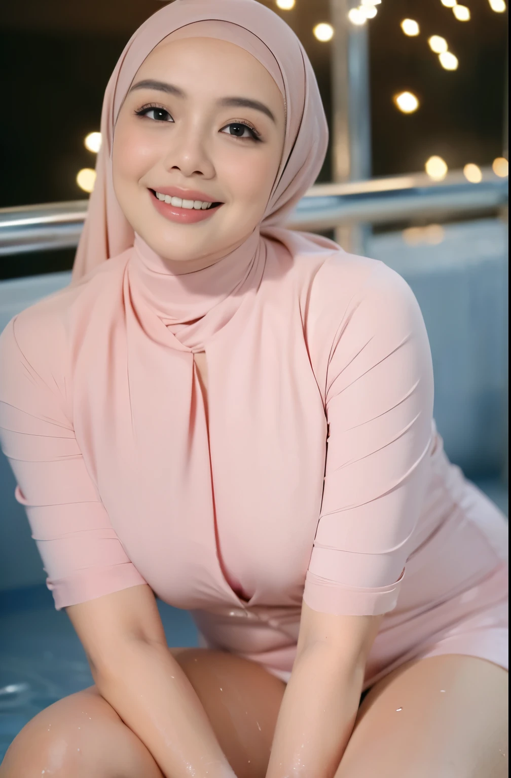 (k, RAW photo, masterpiecel1.4, realistic, photo-realistic, HD quality, 1 beautiful malay girl, ((bokeh background)), ((knee down)), photo of a women girl with pink hijab, (lighting), ((medium-breasted), ((seductive poses)), ((medium chubby body)), ((wet body and face with water)), ((smirk face)), ((wearing tight shirt)), ((suprising)), ((wet and naked)), ((wet faced with water))