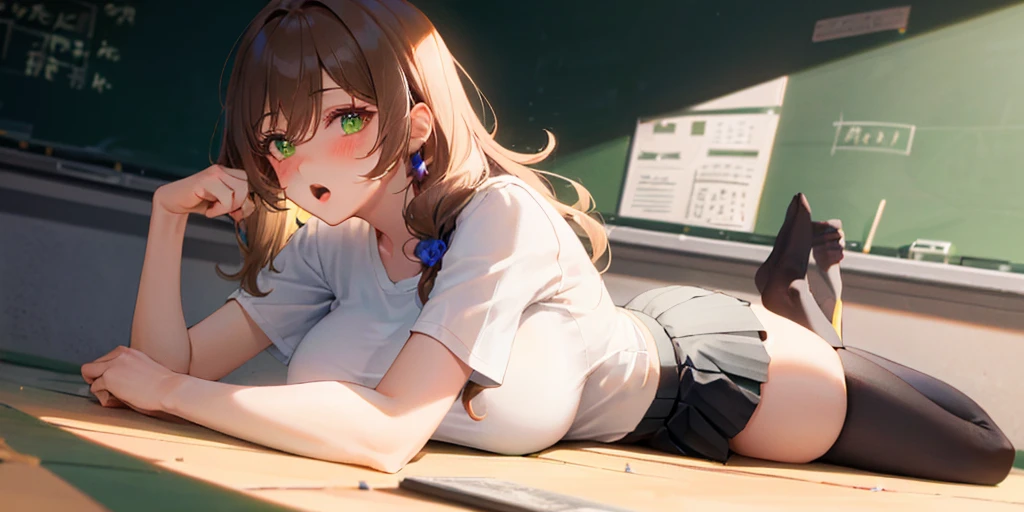 (pose lying on the ground:1.6), Lisa, genshin impact, ((blush: 1.2)), 1 girl, alone, ((white shirt)), black Thighhighs, huge breasts, cleavage, uniform, office background, (very short black pleated skirt:1.3), office, hair between eyes, messy hair, big breasts, long hair, looking at the viewer, brown hair, red short nails, green eyes, alone, Thighhighs, thick thighs, very long hair, ((masterpiece)), classroom, board, class board, open your mouth, Curvaceous, thin, I can see through my clothes, 手のRelax, 脚のRelax, Relax,